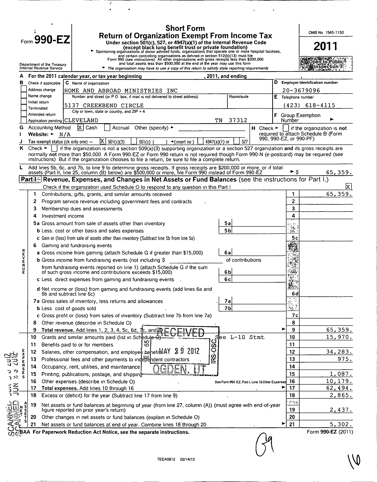 Image of first page of 2011 Form 990EZ for Home and Abroad Ministries