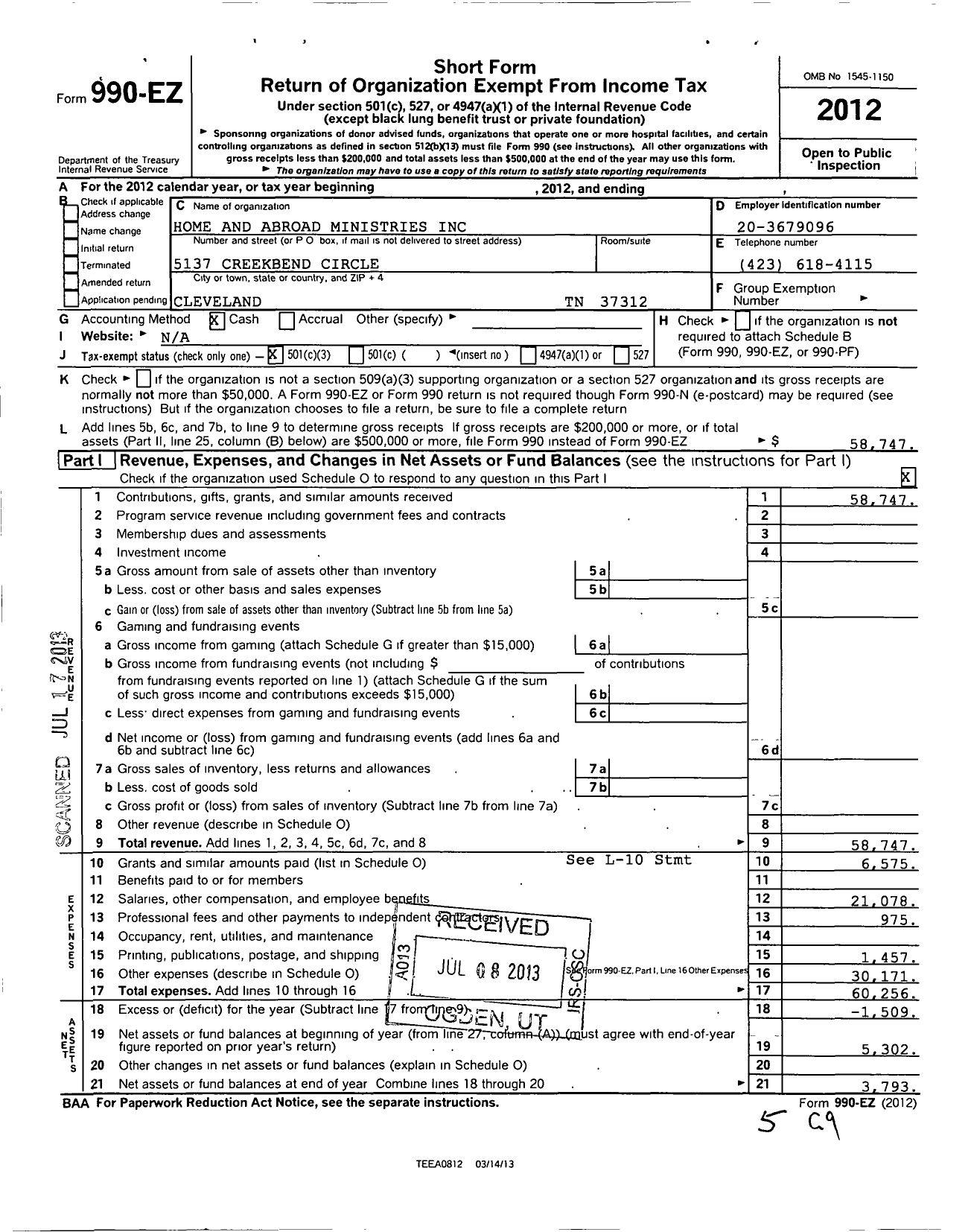 Image of first page of 2012 Form 990EZ for Home and Abroad Ministries