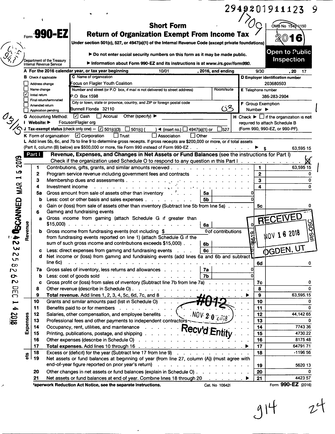 Image of first page of 2016 Form 990EZ for Focus on Flagler Youth Coalition