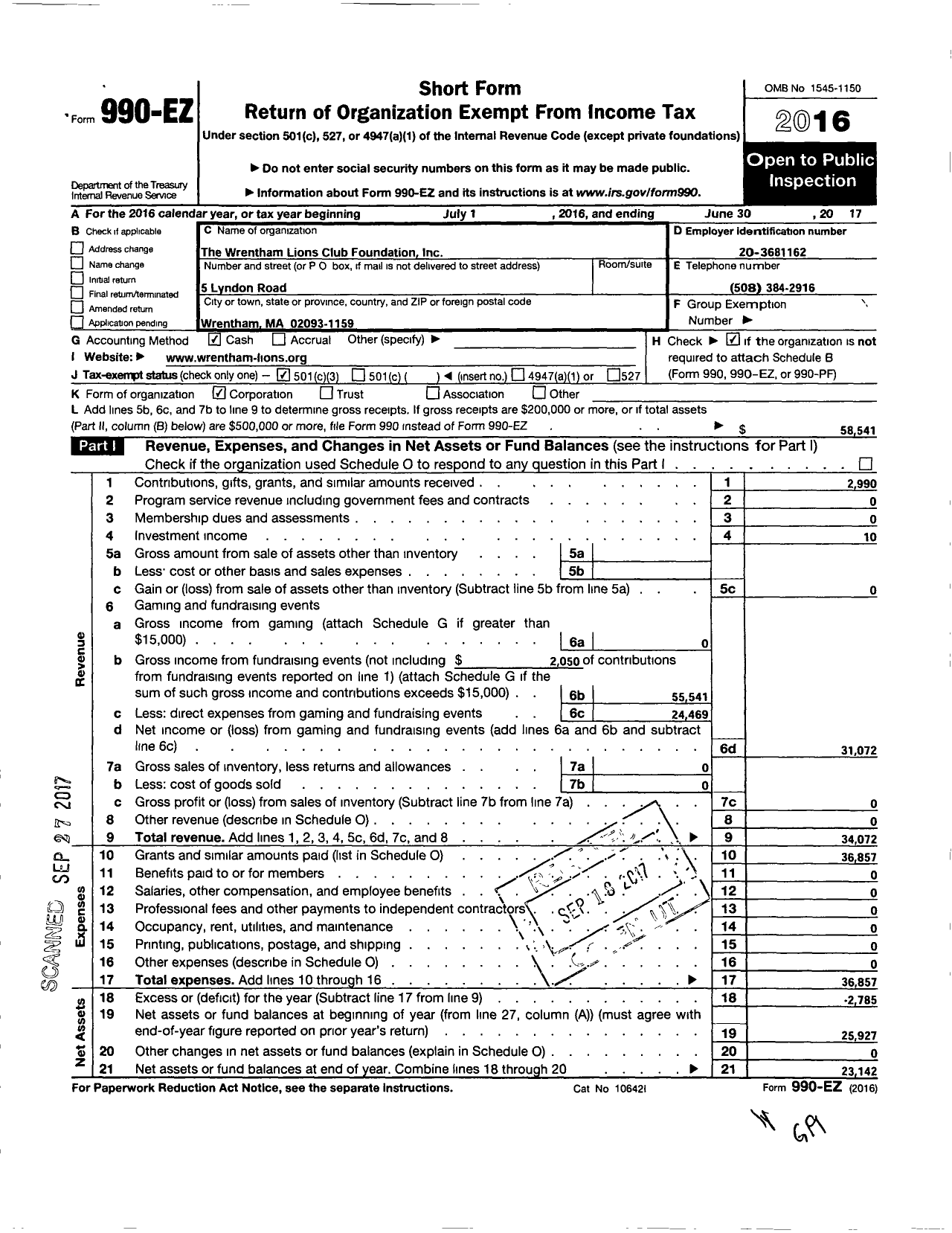 Image of first page of 2016 Form 990EZ for The Wrentham Lions Club Foundation