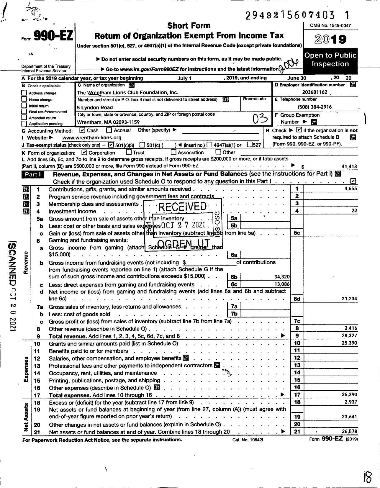 Image of first page of 2019 Form 990EZ for The Wrentham Lions Club Foundation
