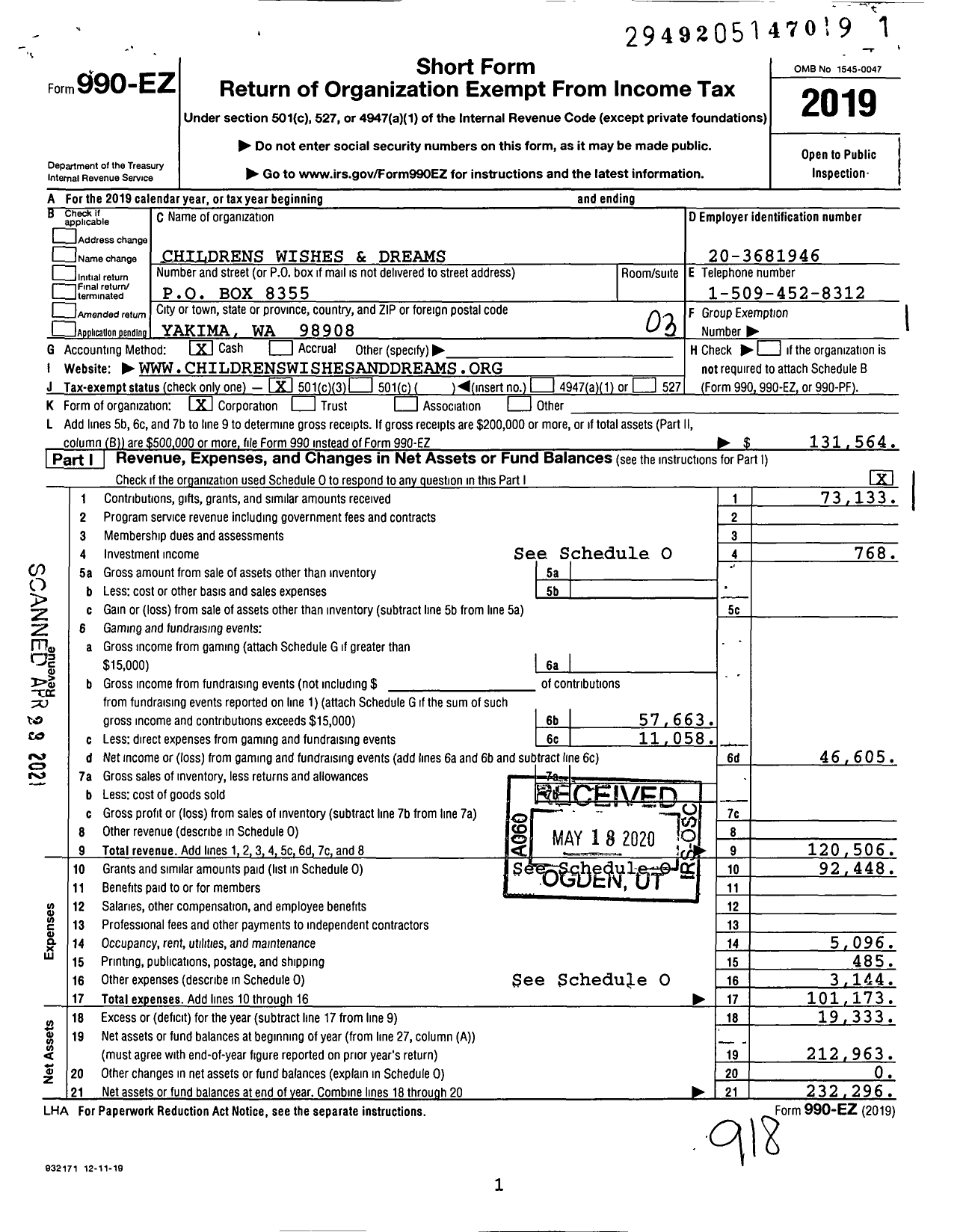 Image of first page of 2019 Form 990EZ for Childrens Wishes & Dreams