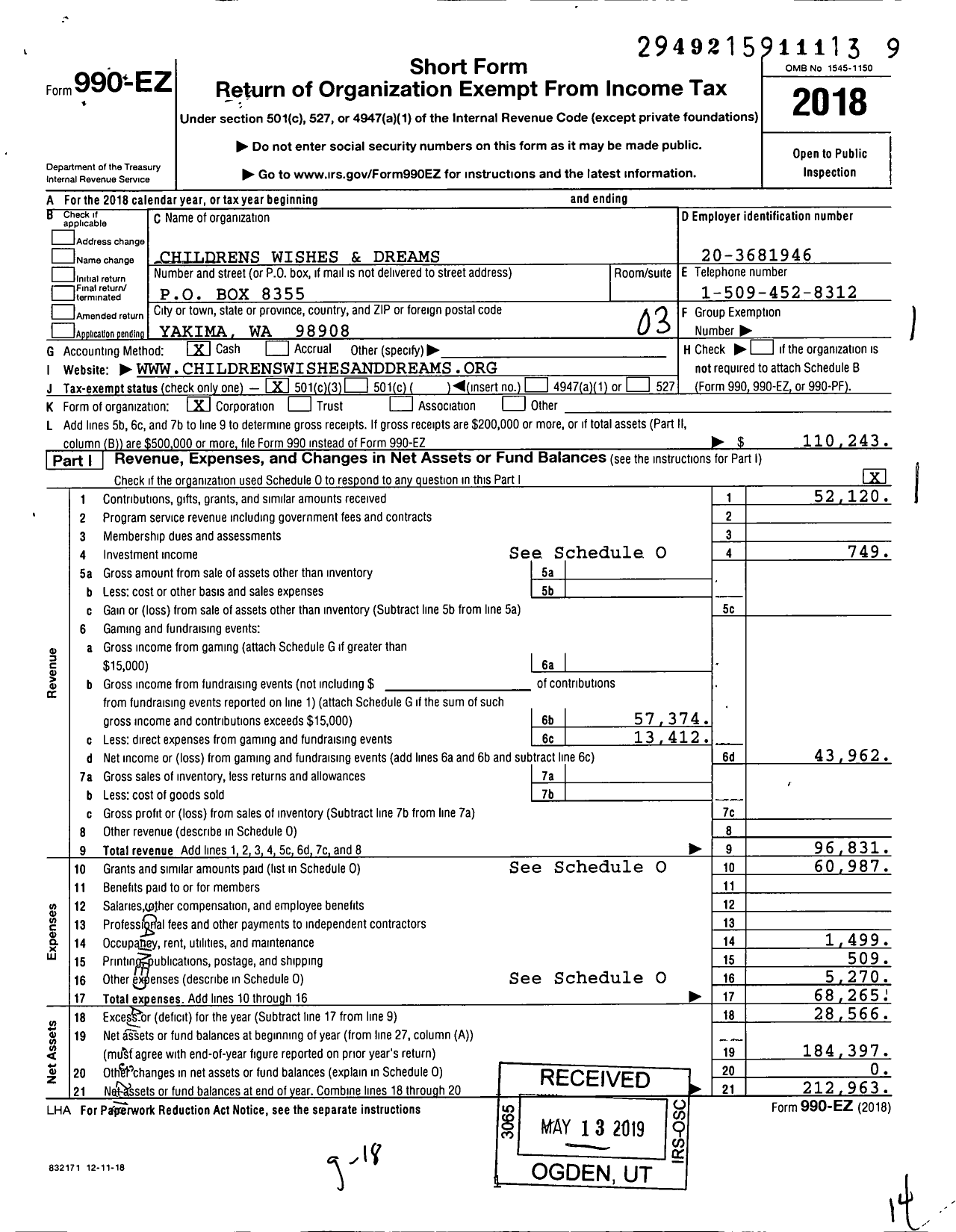 Image of first page of 2018 Form 990EZ for Childrens Wishes & Dreams