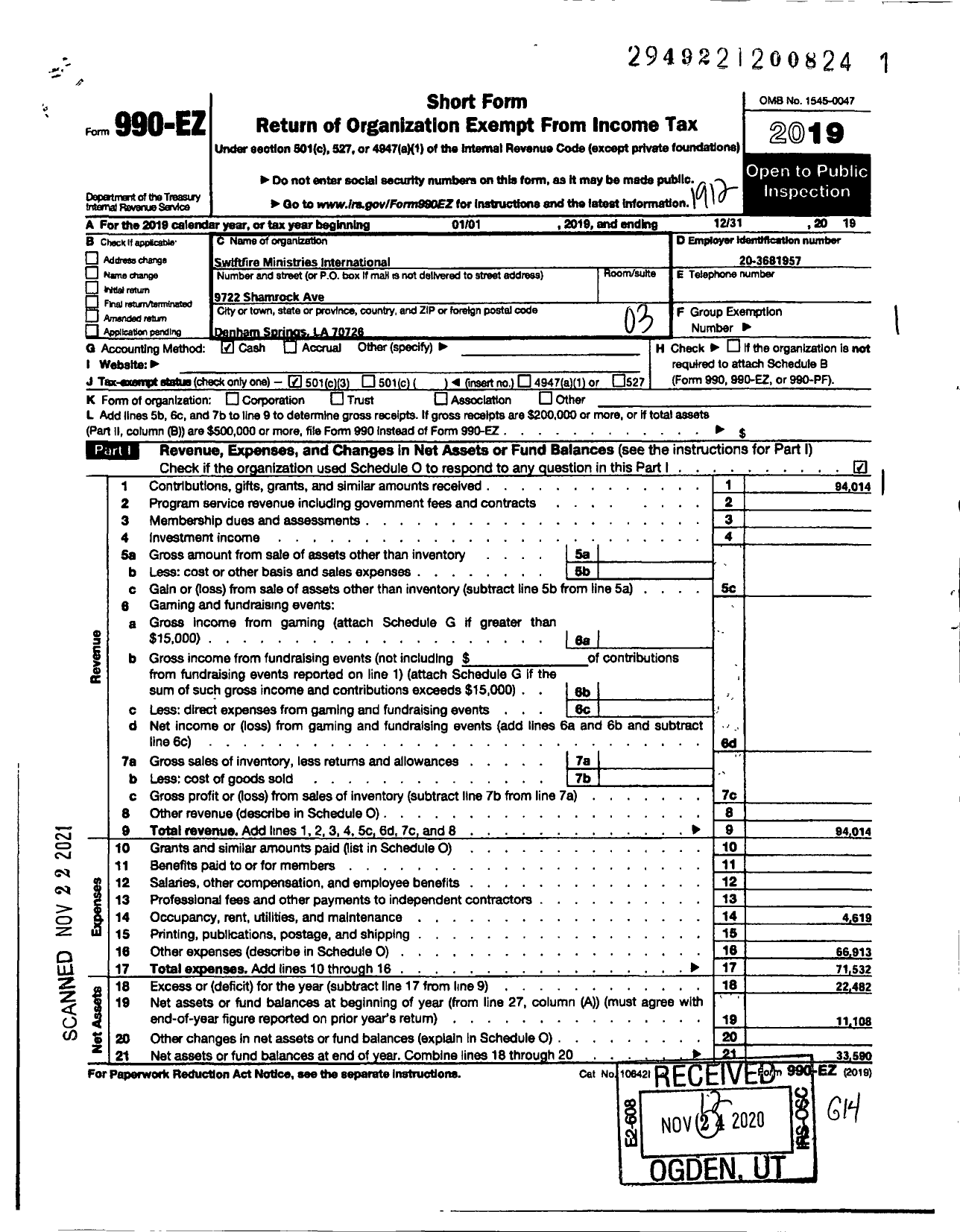 Image of first page of 2019 Form 990EZ for Swiftfire Ministries International