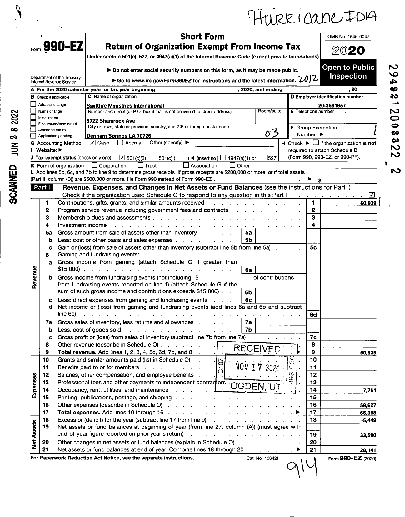 Image of first page of 2020 Form 990EZ for Swiftfire Ministries International