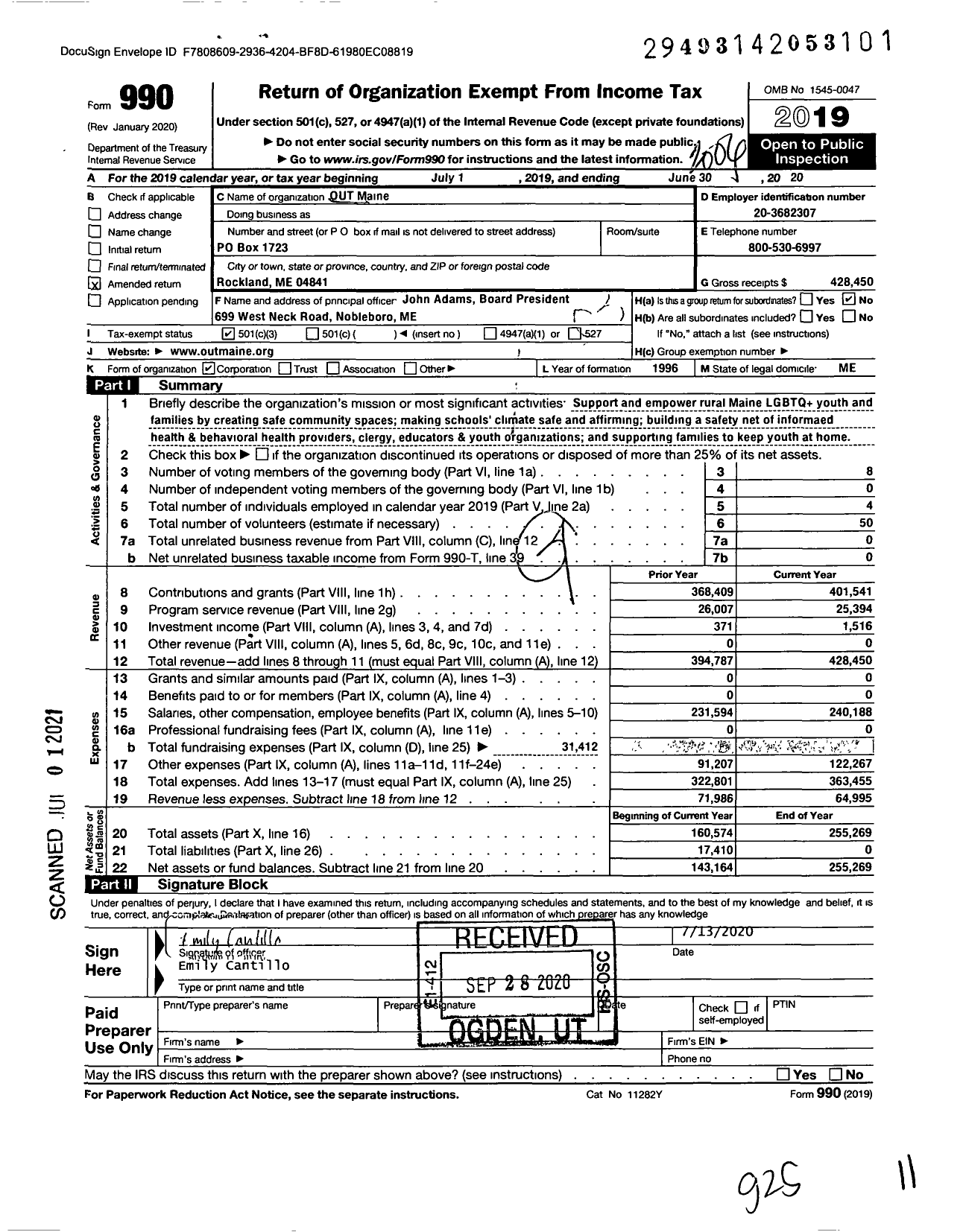 Image of first page of 2019 Form 990 for Out Maine