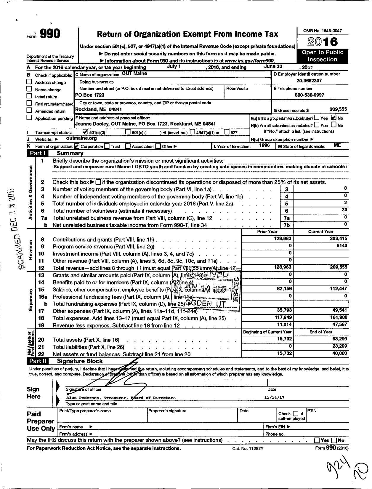 Image of first page of 2016 Form 990 for Out Maine