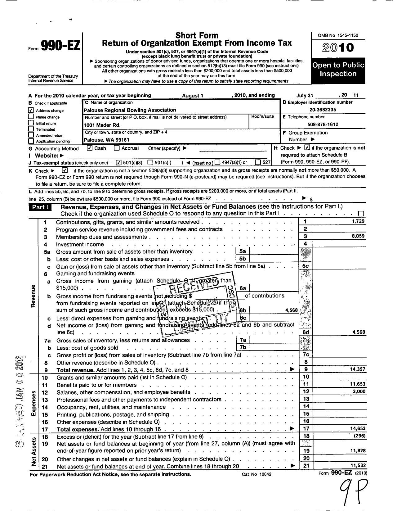 Image of first page of 2010 Form 990EZ for United States Bowling Congress - 80285 Palouse Regional Usbc