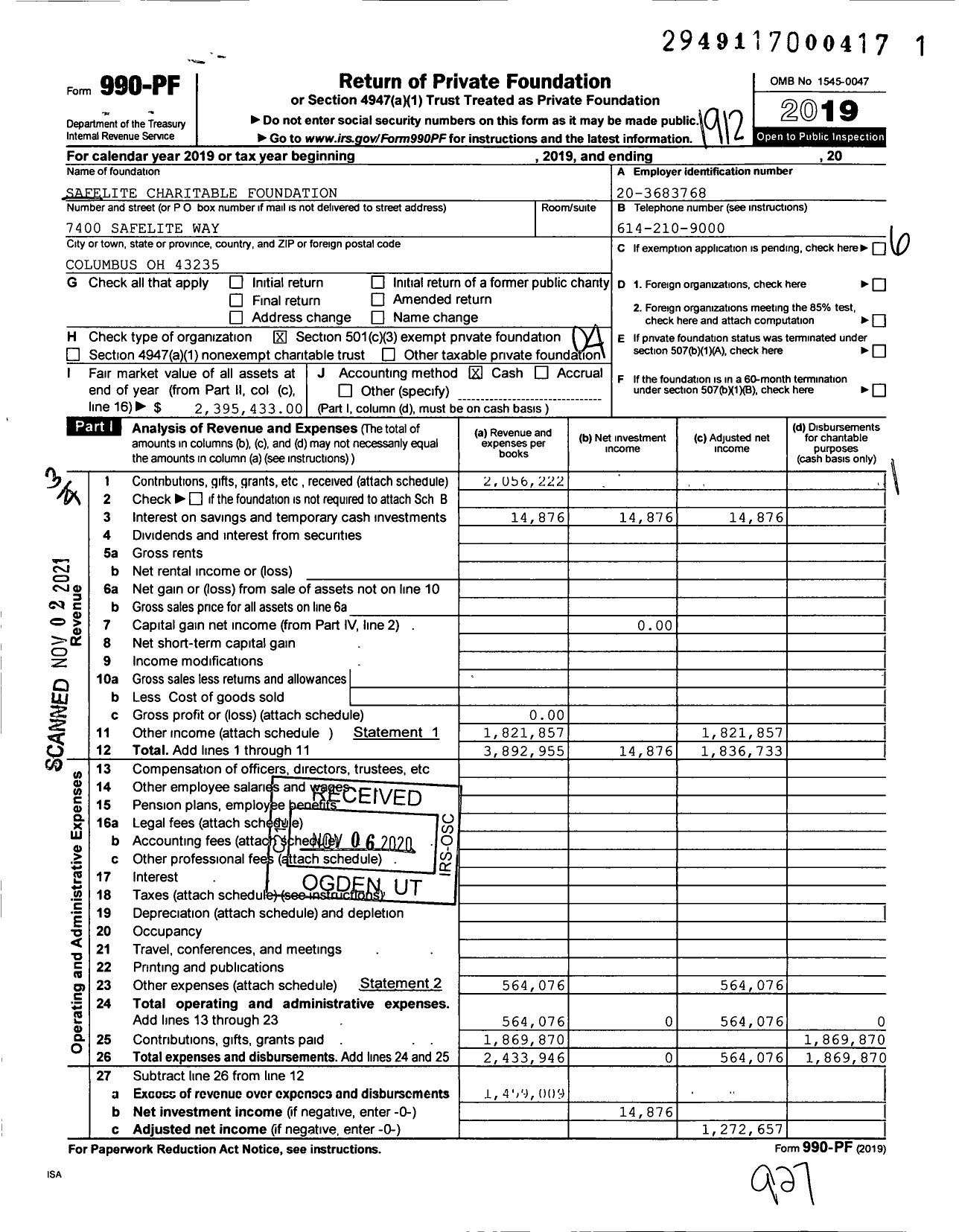 Image of first page of 2019 Form 990PF for Safelite Charitable Foundation