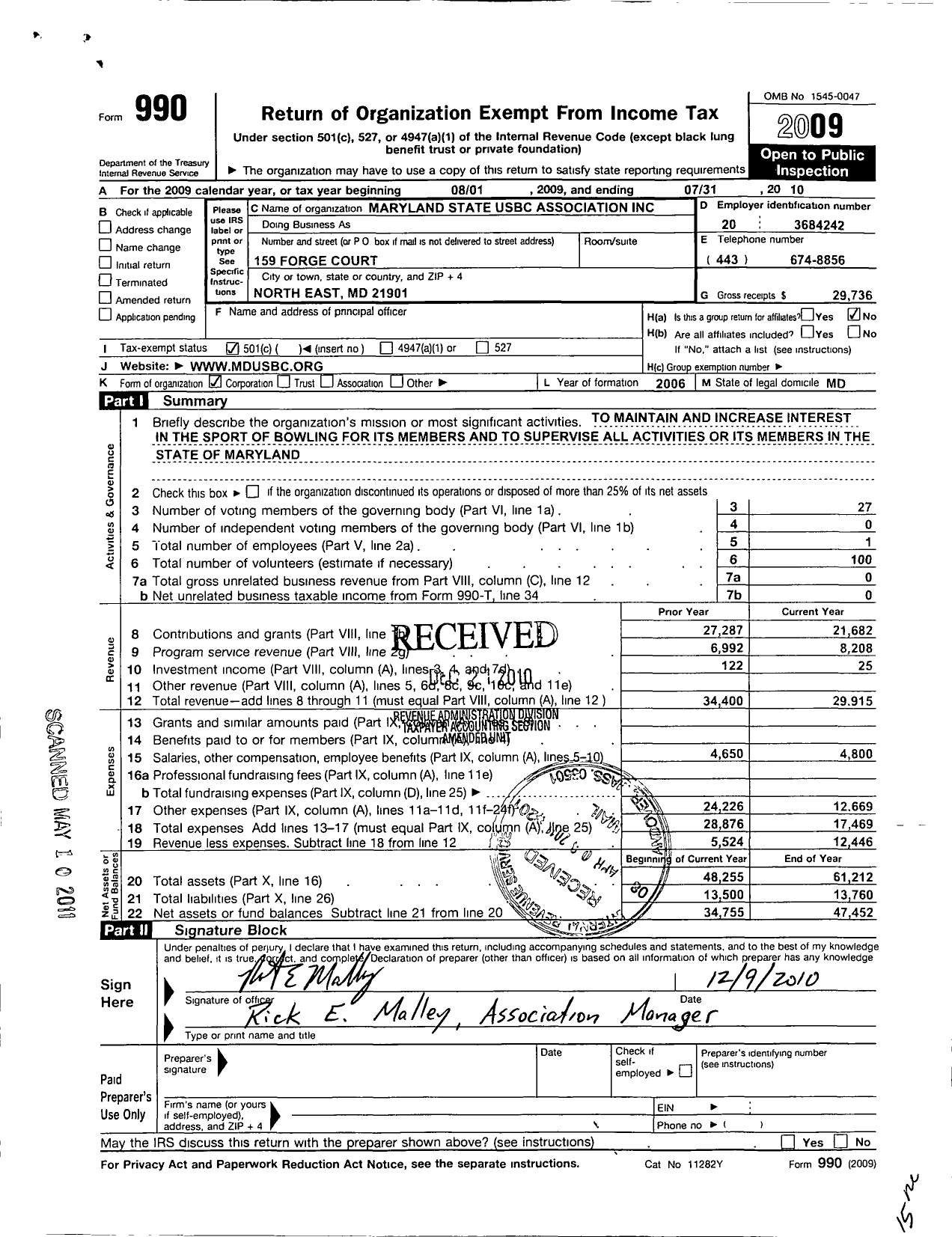 Image of first page of 2009 Form 990O for United States Bowling Congress - 81545 Maryland State Usbc