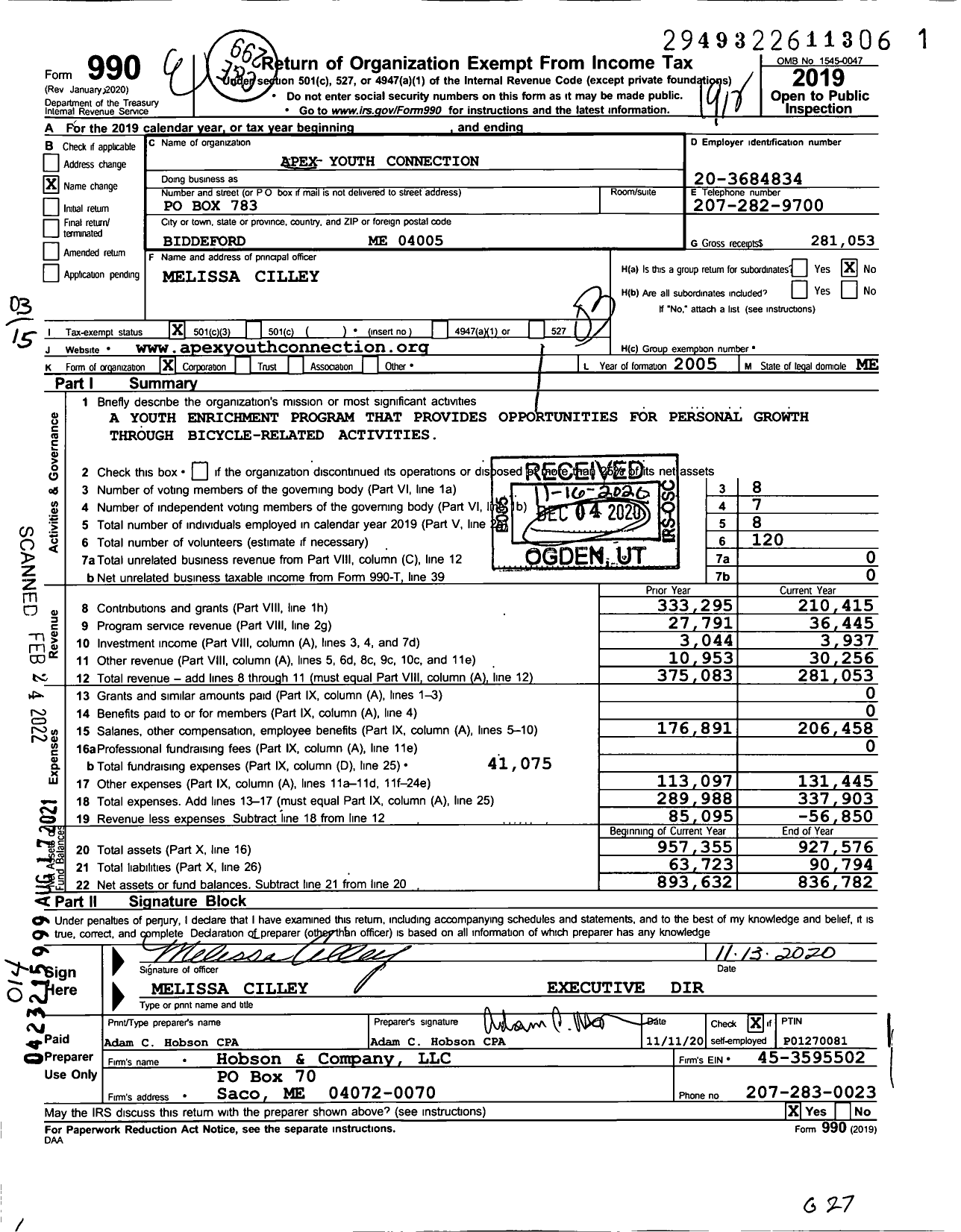 Image of first page of 2019 Form 990 for Apex Youth Connection