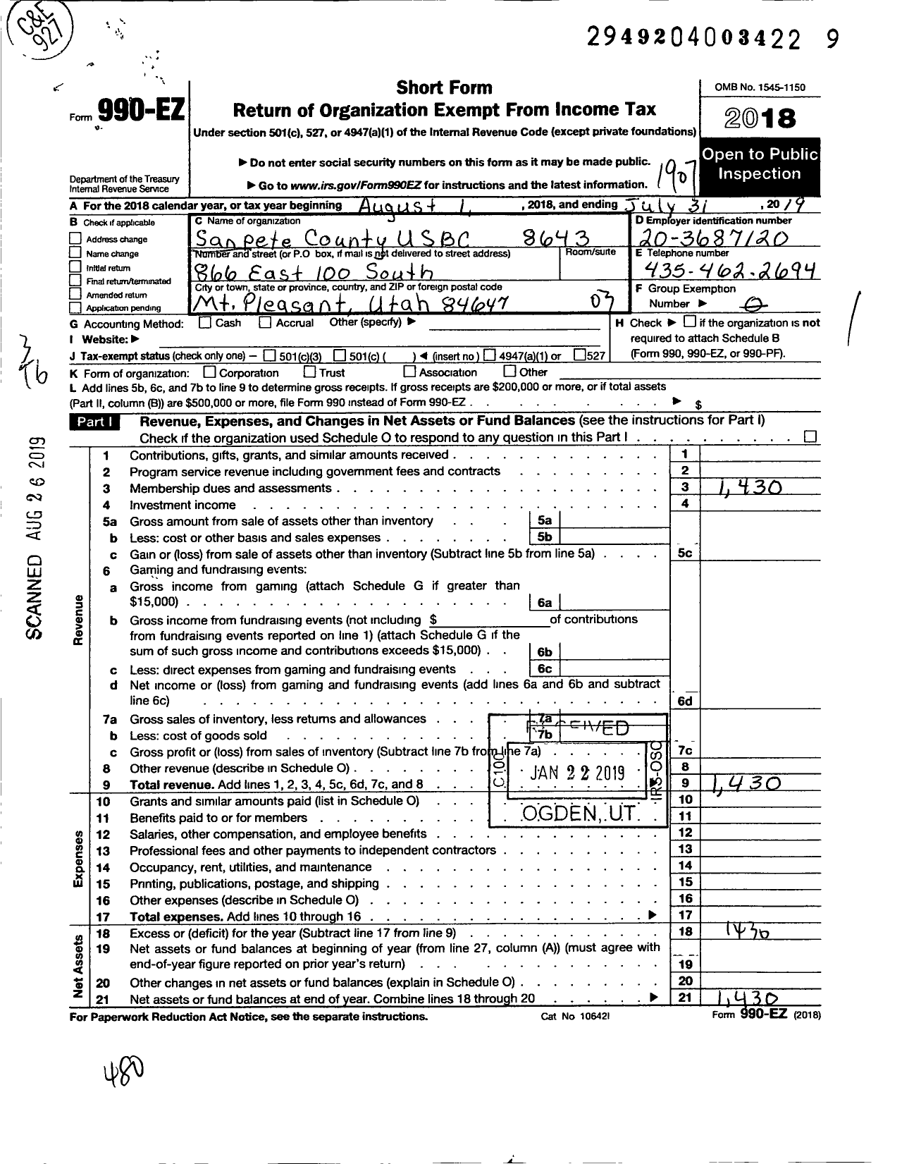 Image of first page of 2018 Form 990EZ for United States Bowling Congress - 86343 Sanpete County Usbc