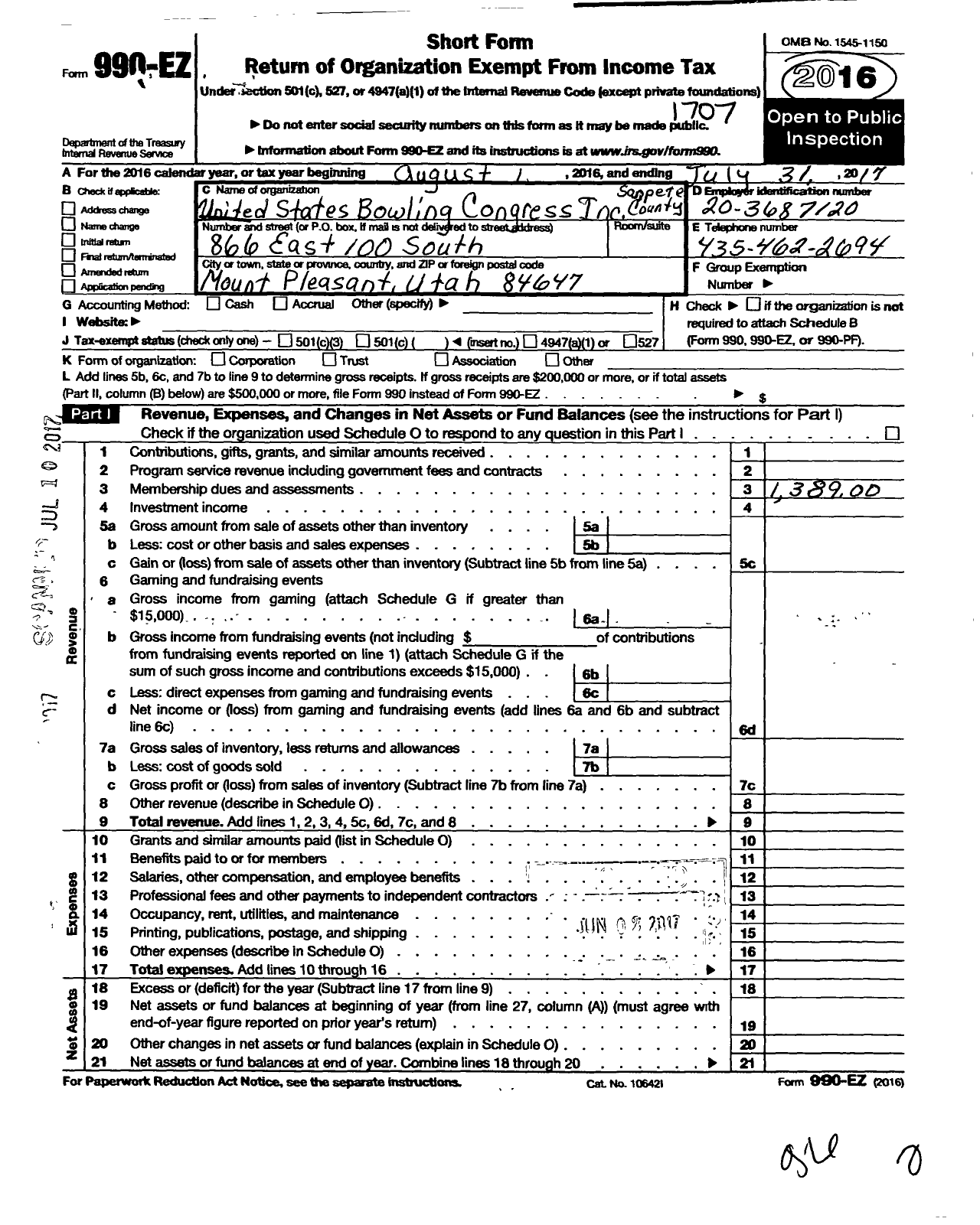 Image of first page of 2016 Form 990EO for United States Bowling Congress - 86343 Sanpete County Usbc