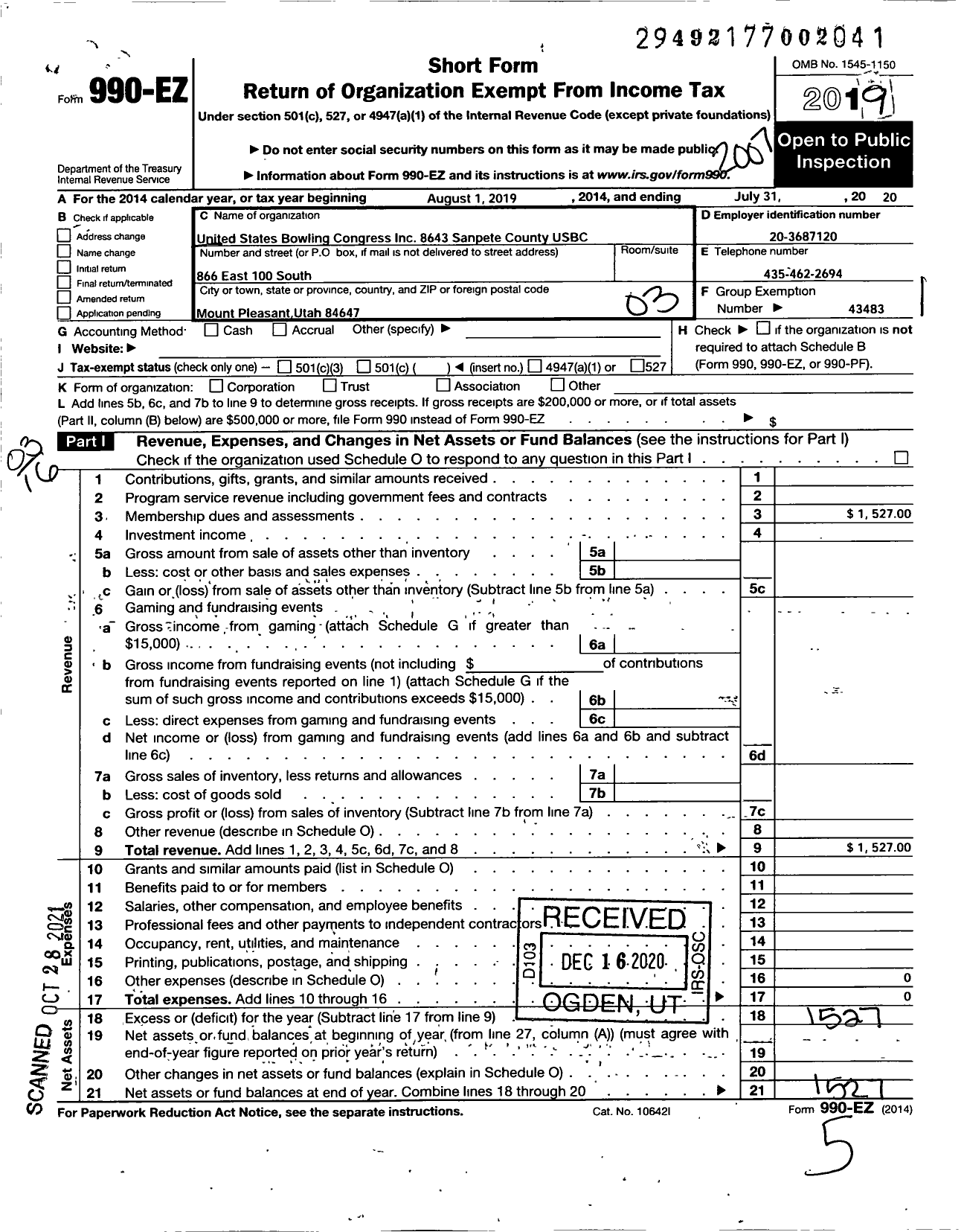 Image of first page of 2019 Form 990EZ for United States Bowling Congress - 86343 Sanpete County Usbc