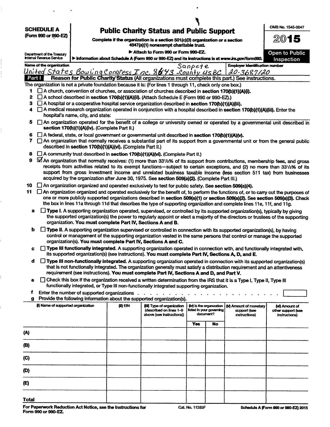 Image of first page of 2014 Form 990ER for United States Bowling Congress - 86343 Sanpete County Usbc