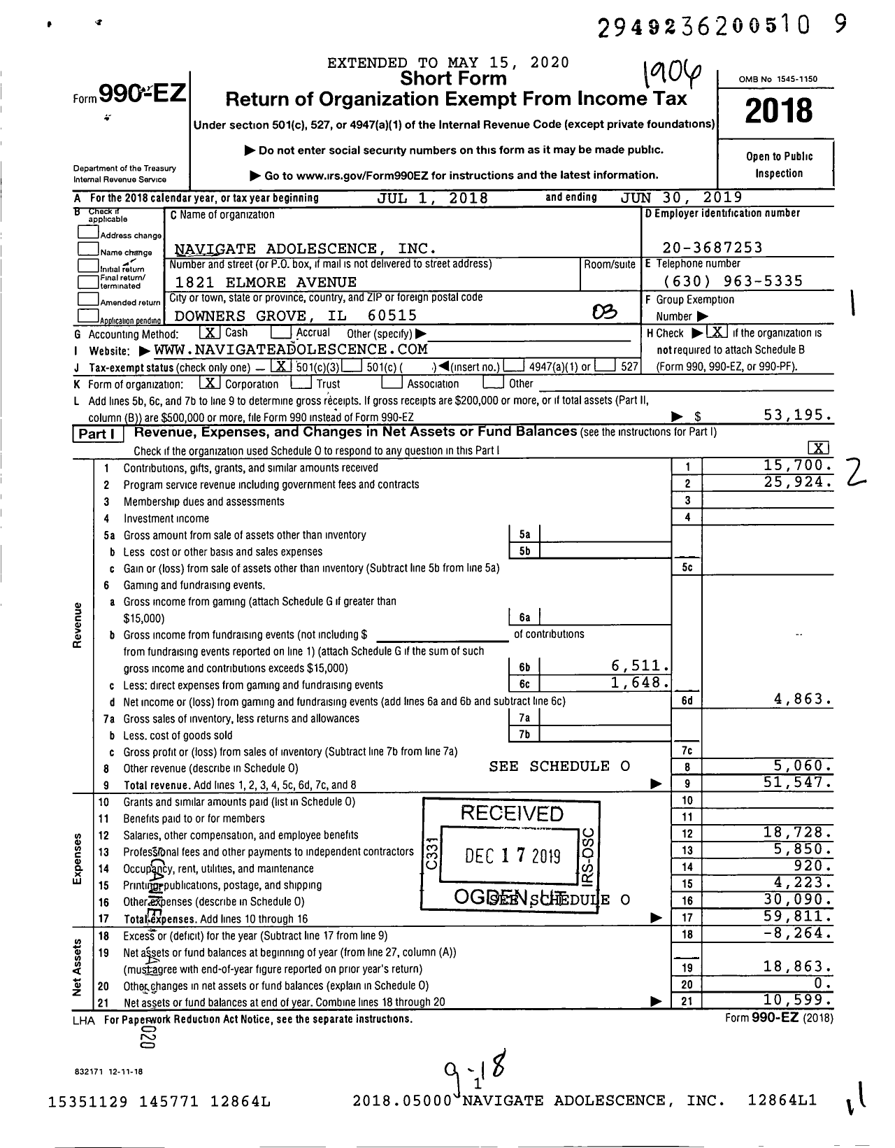 Image of first page of 2018 Form 990EZ for Navigate Adolescence