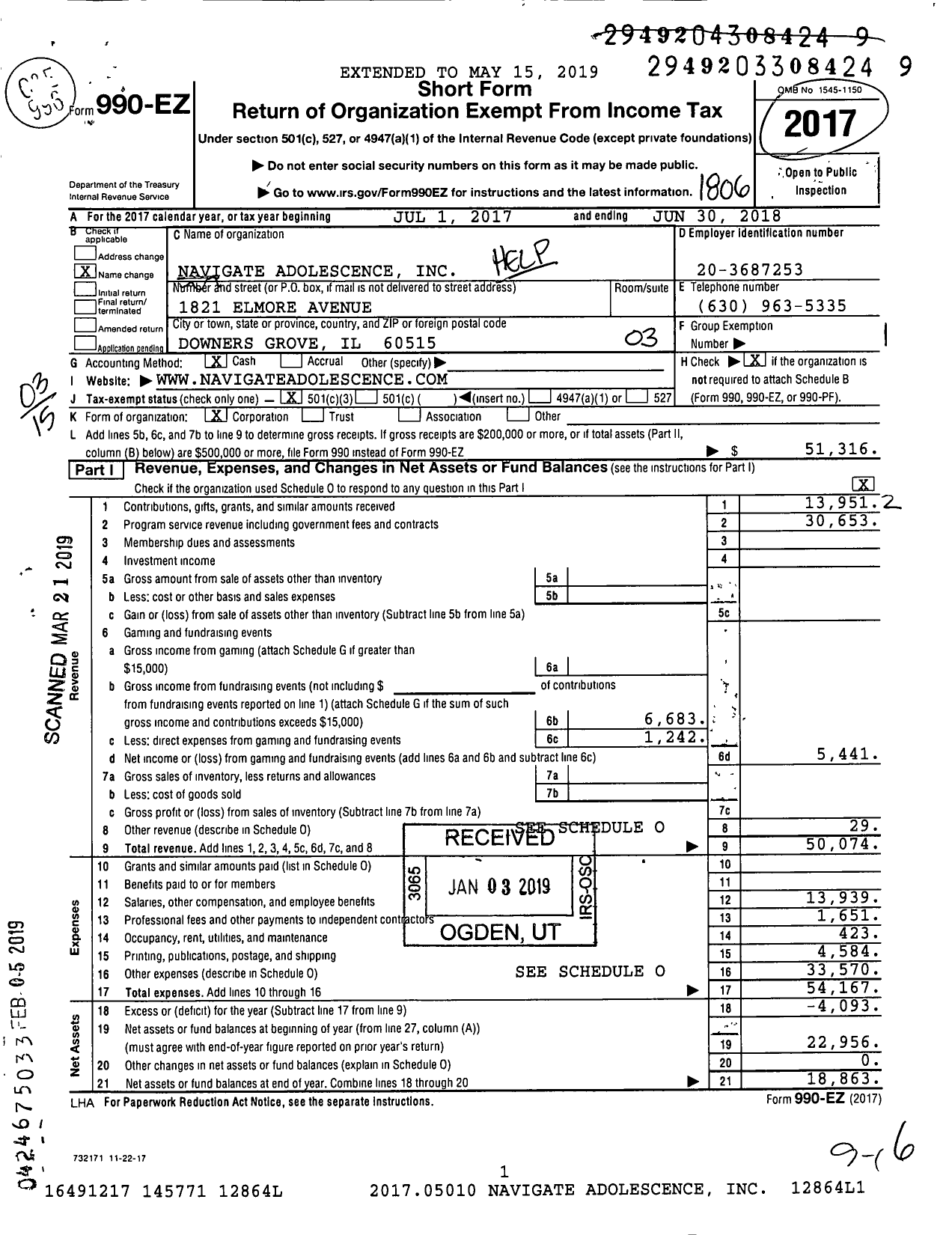 Image of first page of 2017 Form 990EZ for Navigate Adolescence