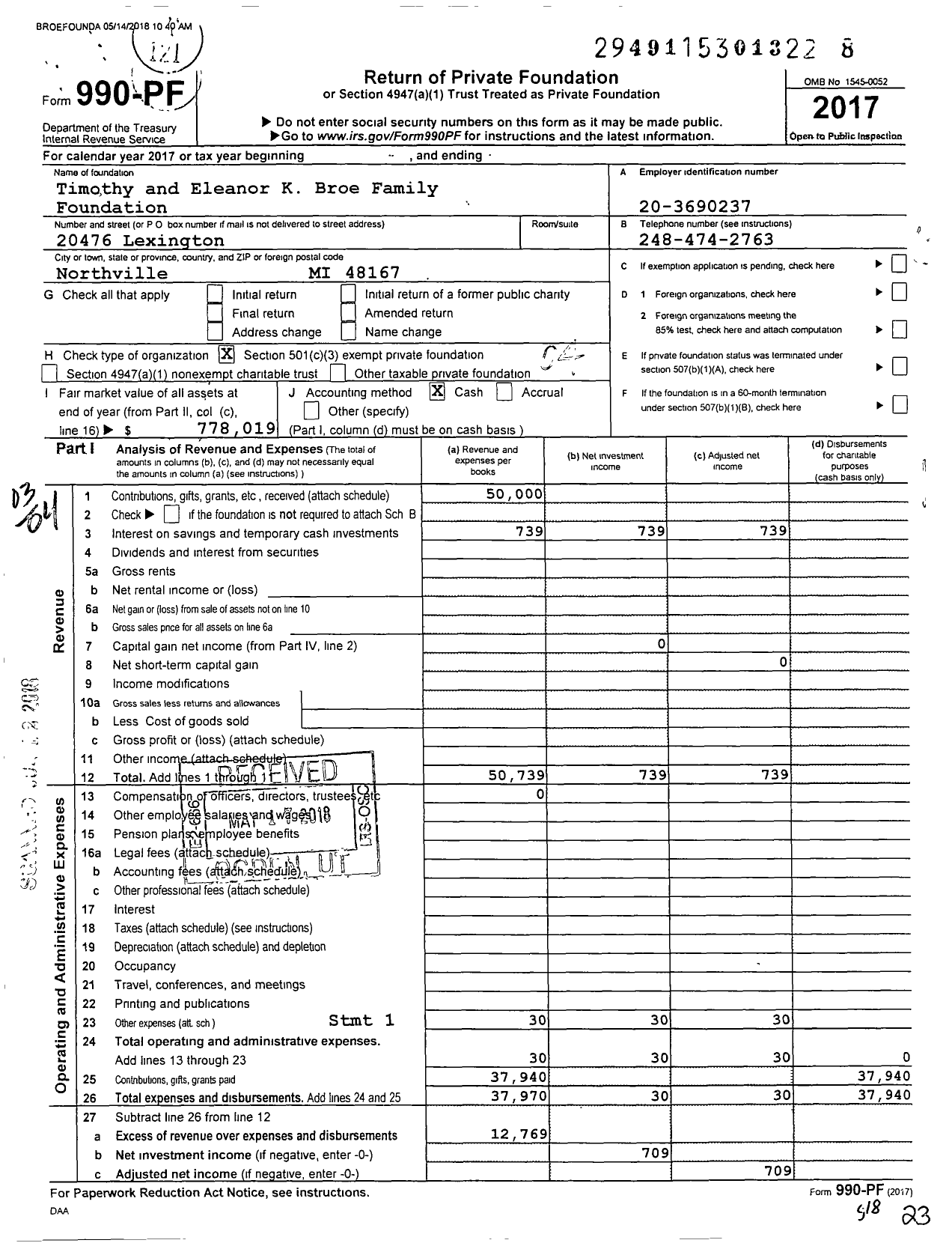 Image of first page of 2017 Form 990PF for Timothy and Eleanor K Broe Family Foundation