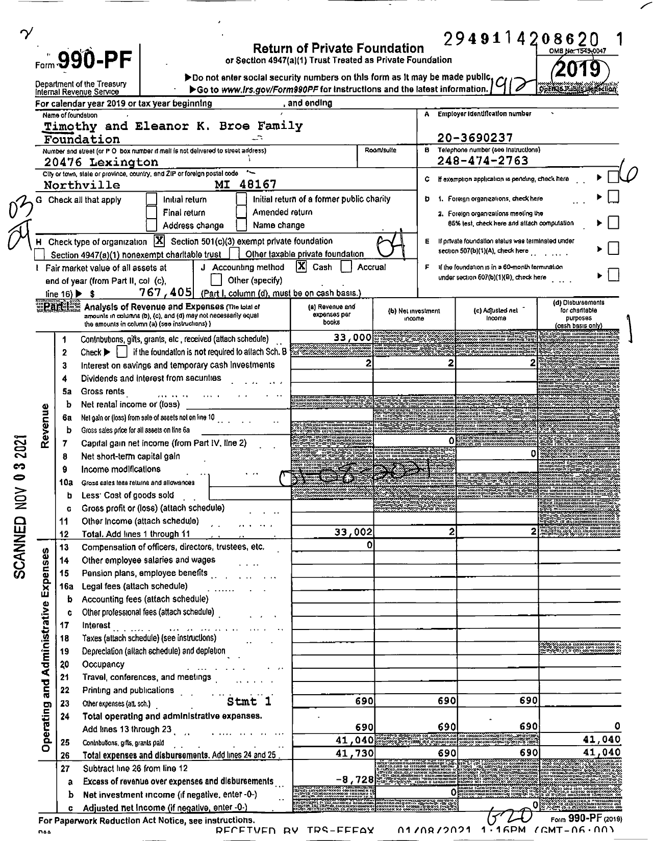 Image of first page of 2019 Form 990PF for Timothy and Eleanor K Broe Family Foundation