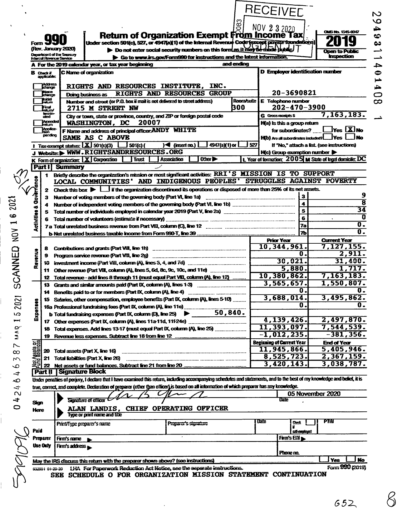 Image of first page of 2019 Form 990 for Rights and Resources Group
