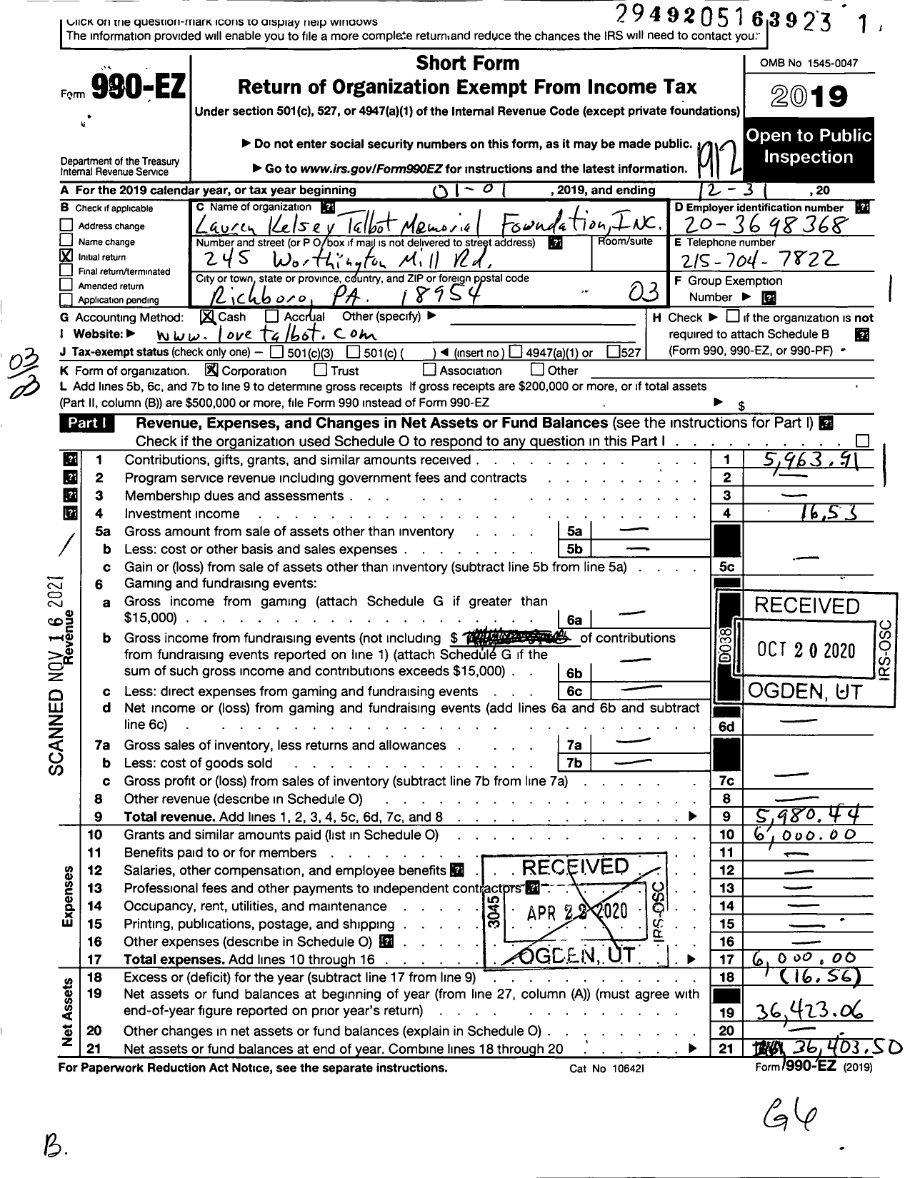 Image of first page of 2019 Form 990EZ for Lauren Talbot Memorial Scholarship Fund