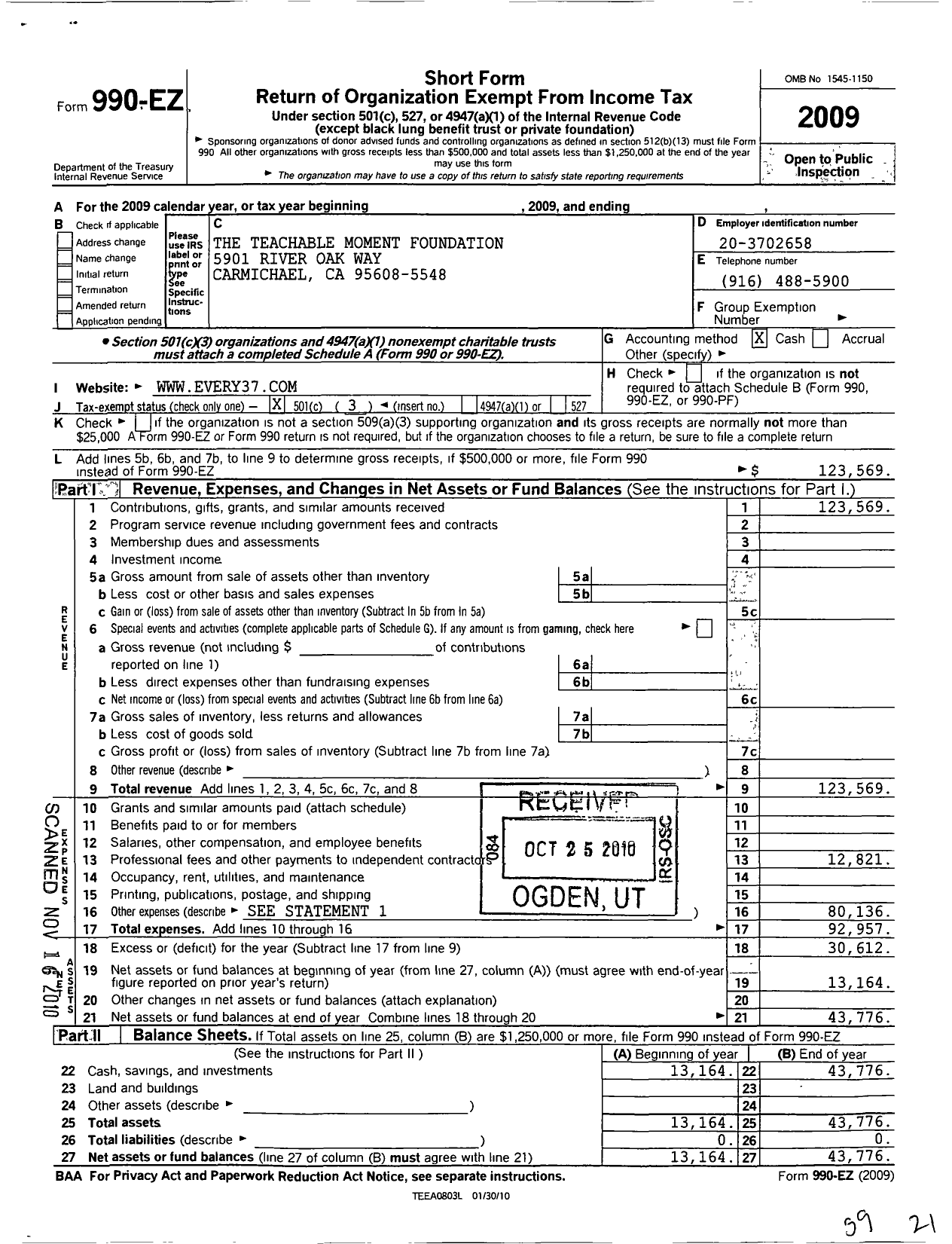 Image of first page of 2009 Form 990EZ for The Teachable Moment Foundation