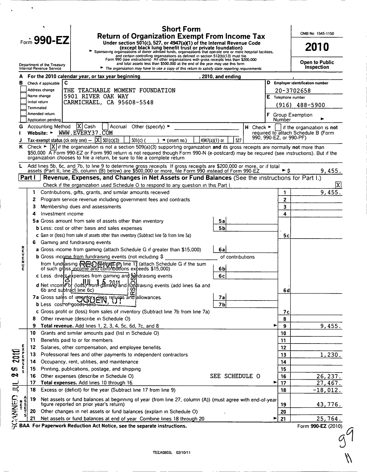 Image of first page of 2010 Form 990EZ for The Teachable Moment Foundation