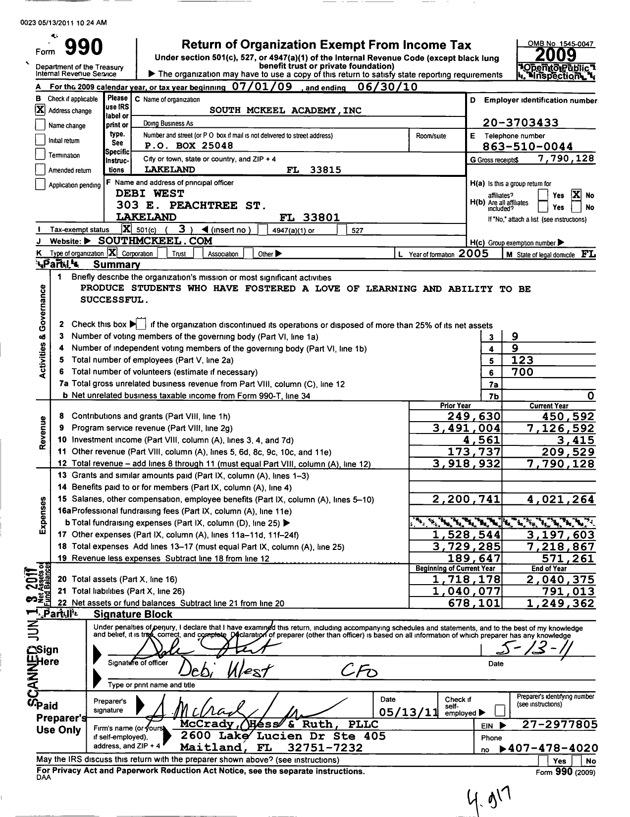 Image of first page of 2009 Form 990 for South Mckeel Academy
