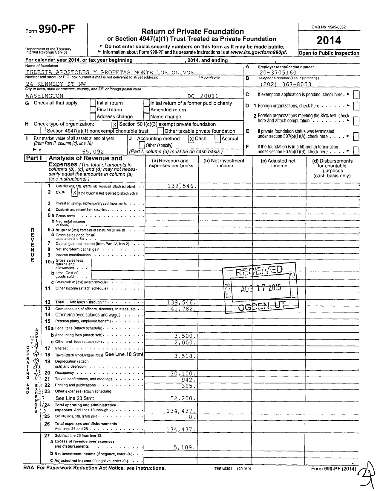 Image of first page of 2014 Form 990PF for Iglesia Apostoles Y Profetas Monte Los Olivos