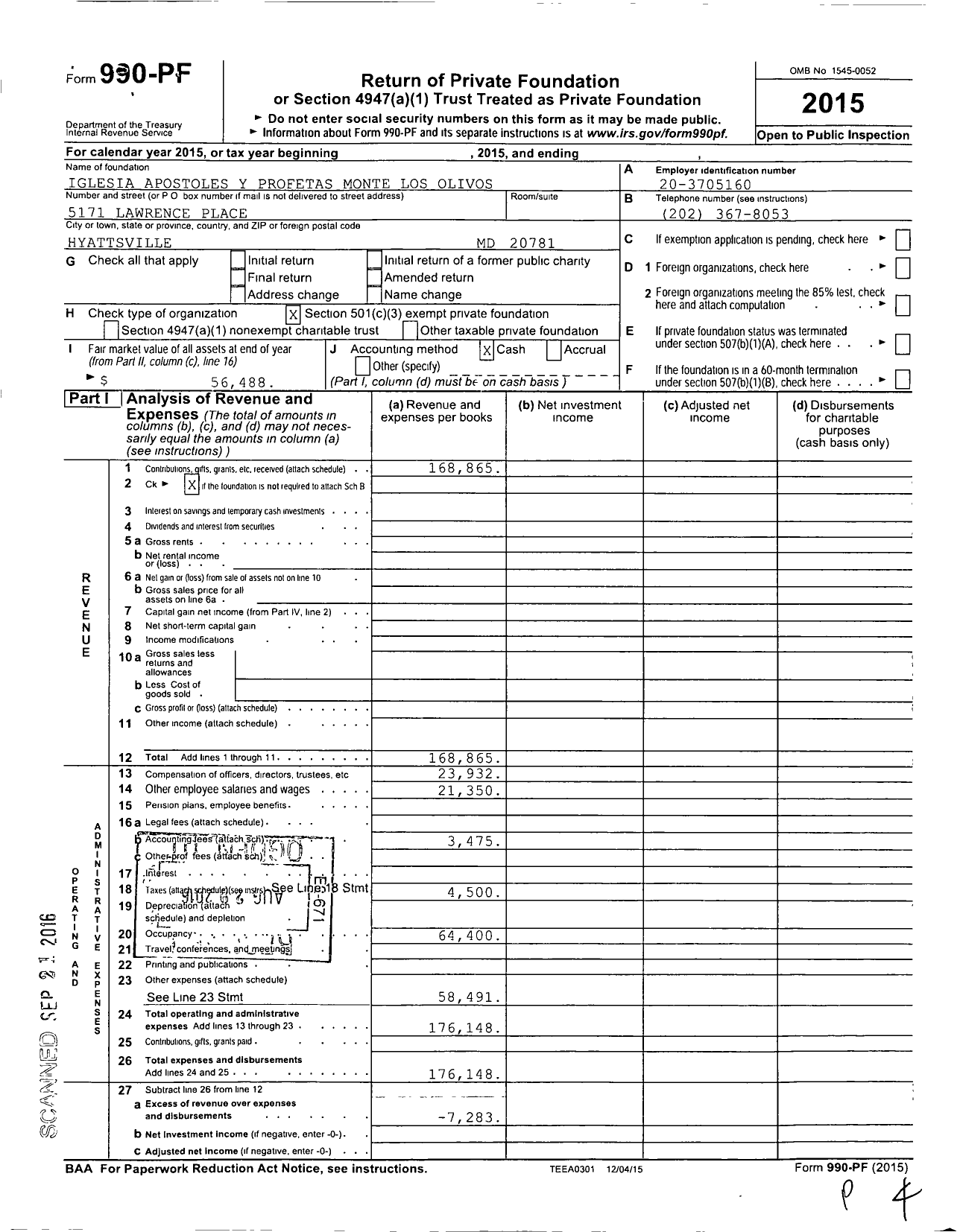 Image of first page of 2015 Form 990PF for Iglesia Apostoles Y Profetas Monte Los Olivos