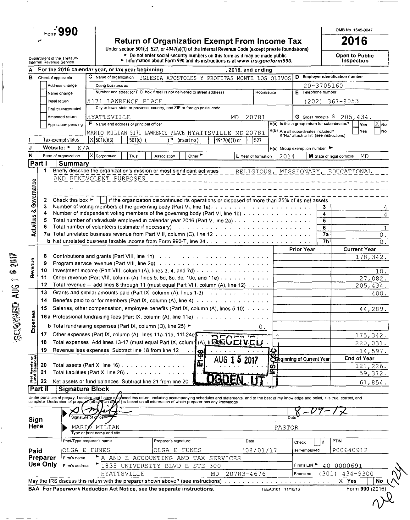 Image of first page of 2016 Form 990 for Iglesia Apostoles Y Profetas Monte Los Olivos