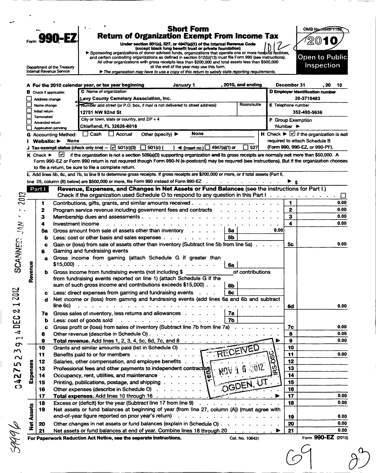 Image of first page of 2010 Form 990EZ for Levy County Cemetery Association