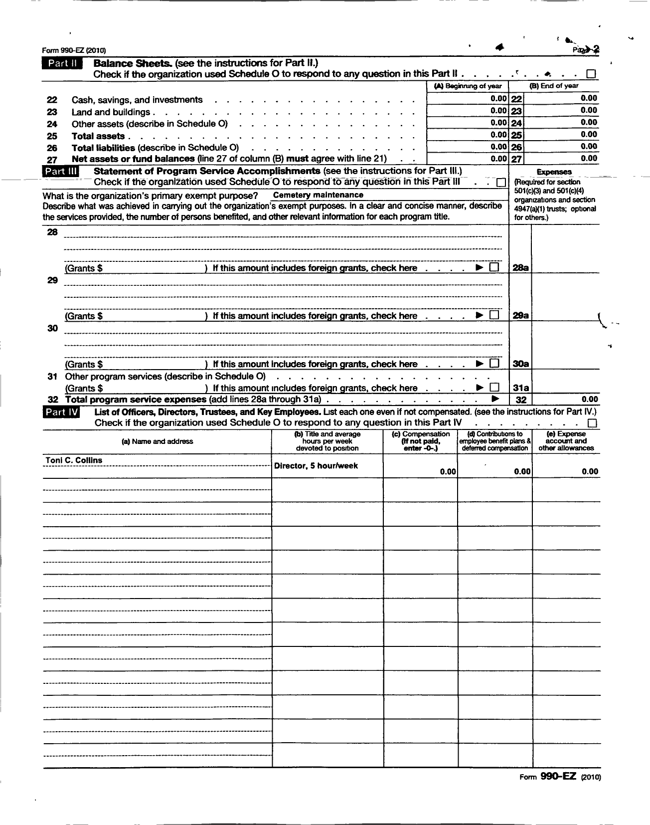 Image of first page of 2010 Form 990ER for Levy County Cemetery Association