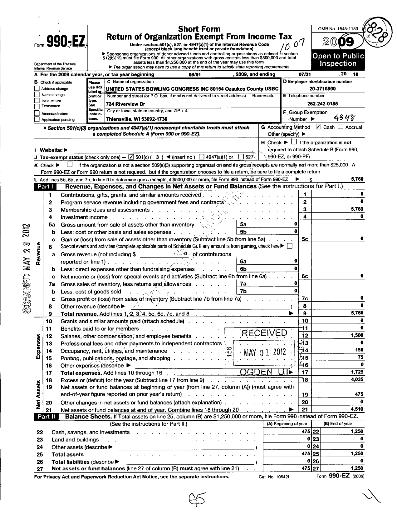 Image of first page of 2009 Form 990EZ for United States Bowling Congress - 86631 Ozaukee County Usbc