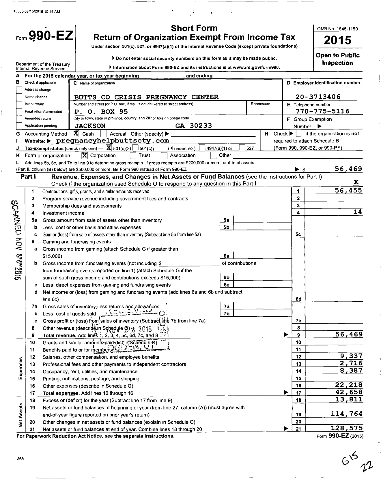 Image of first page of 2015 Form 990EZ for Butts County Crisis Pregnancy Center