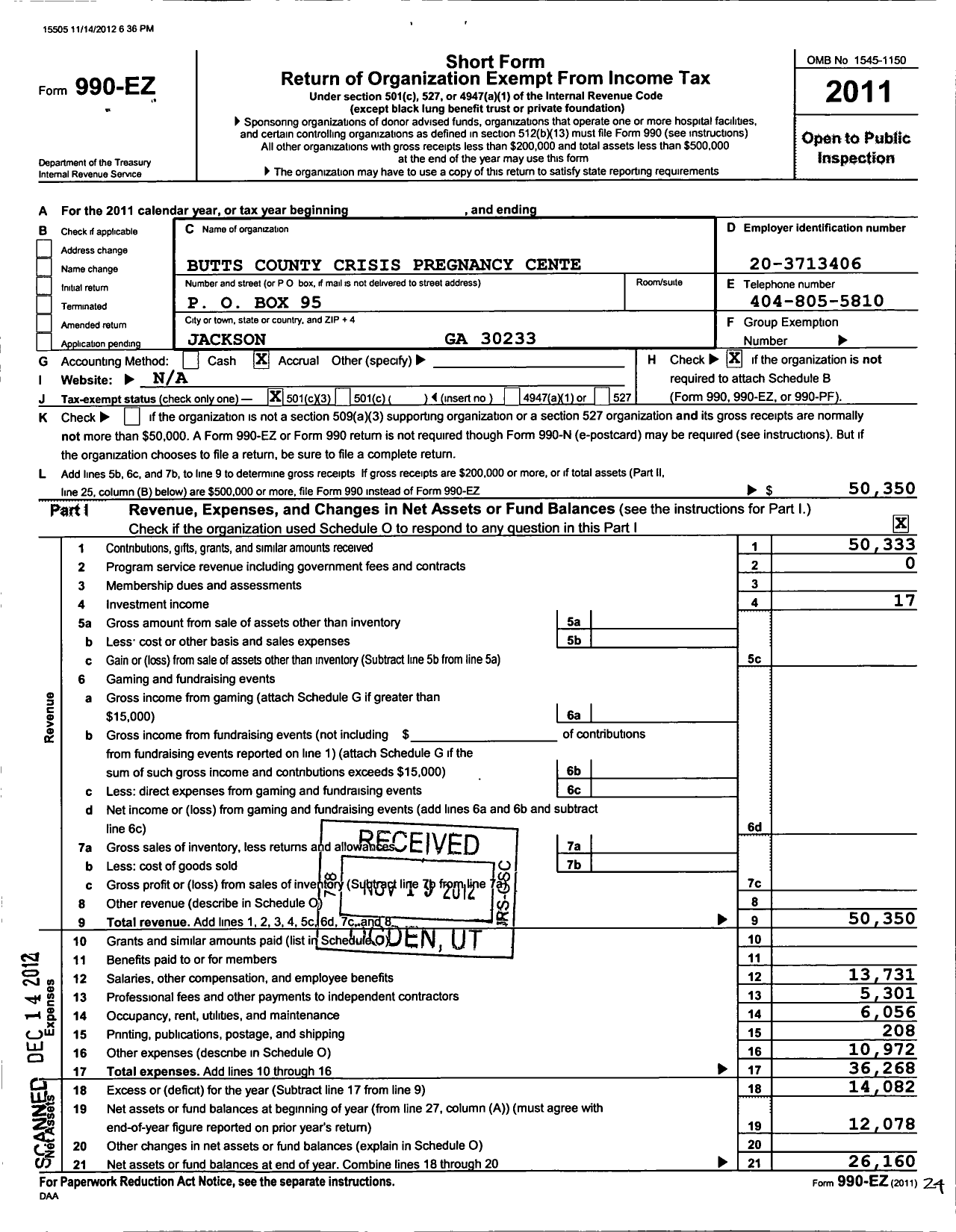 Image of first page of 2011 Form 990EZ for Butts County Crisis Pregnancy Center