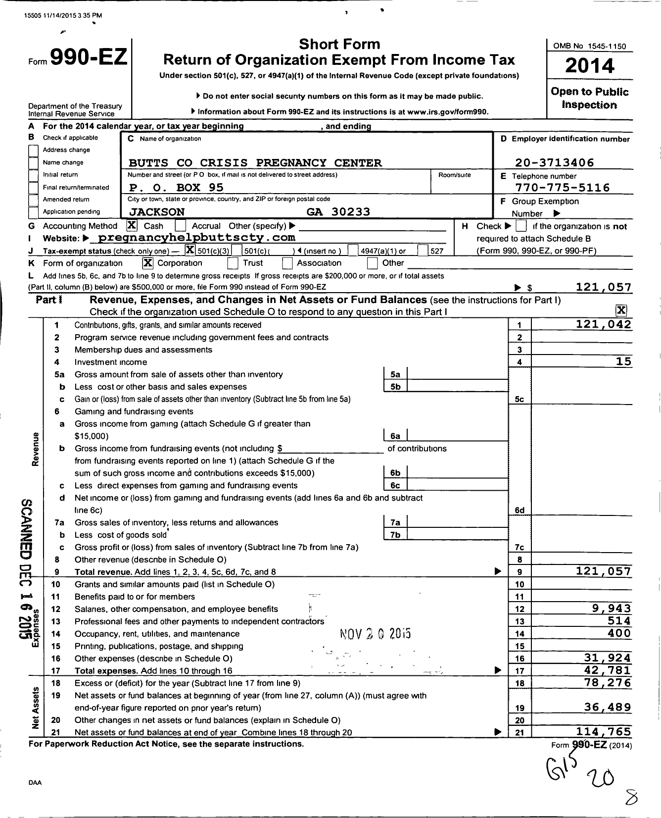 Image of first page of 2014 Form 990EZ for Butts County Crisis Pregnancy Center