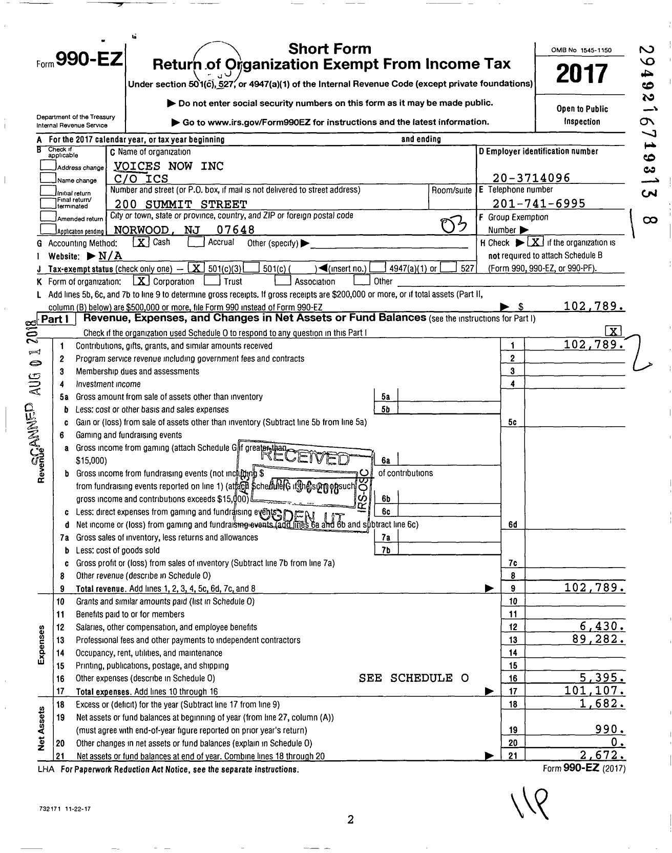 Image of first page of 2017 Form 990EZ for Voices Now