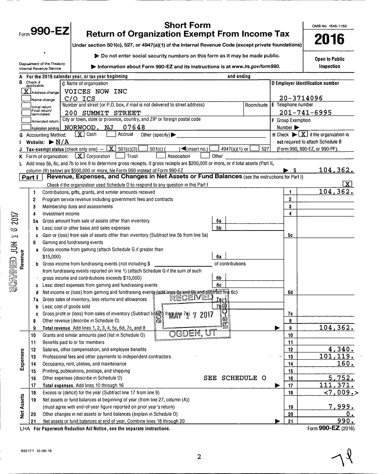 Image of first page of 2016 Form 990EZ for Voices Now