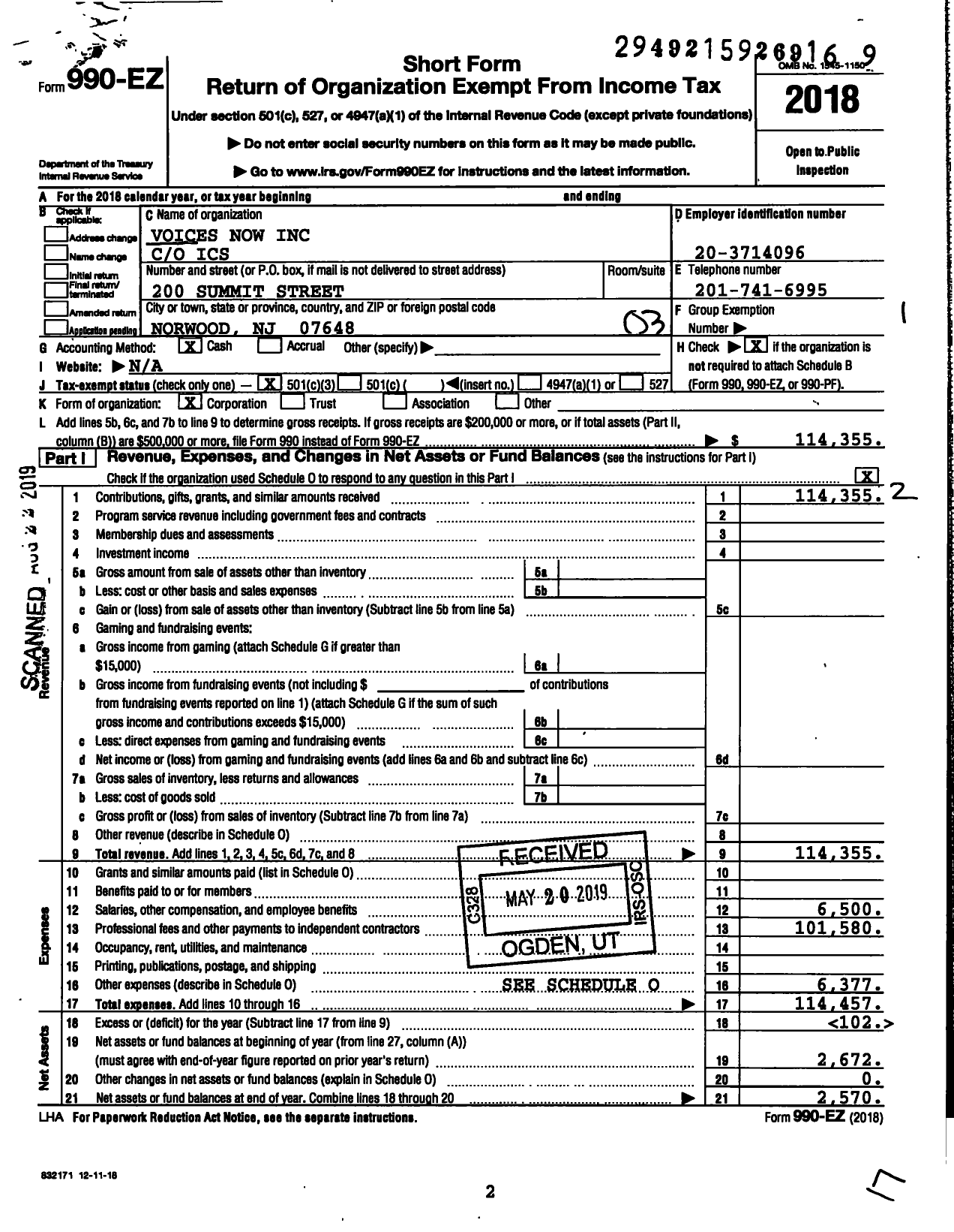 Image of first page of 2018 Form 990EZ for Voices Now