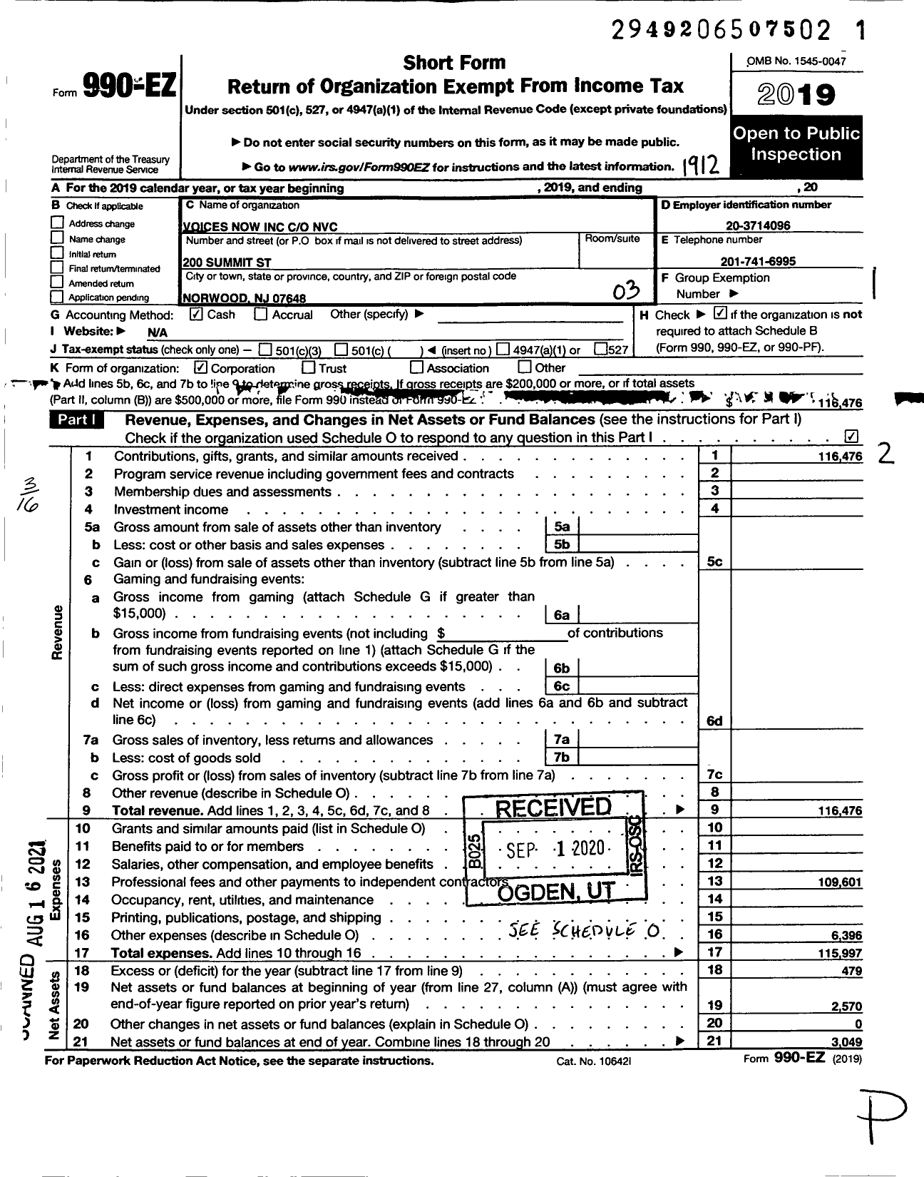 Image of first page of 2019 Form 990EZ for Voices Now