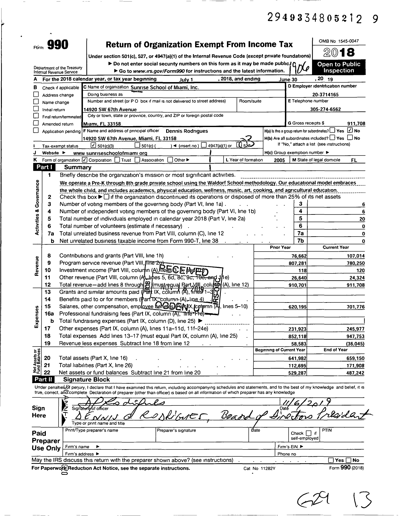 Image of first page of 2018 Form 990 for Sunrise School of Miami