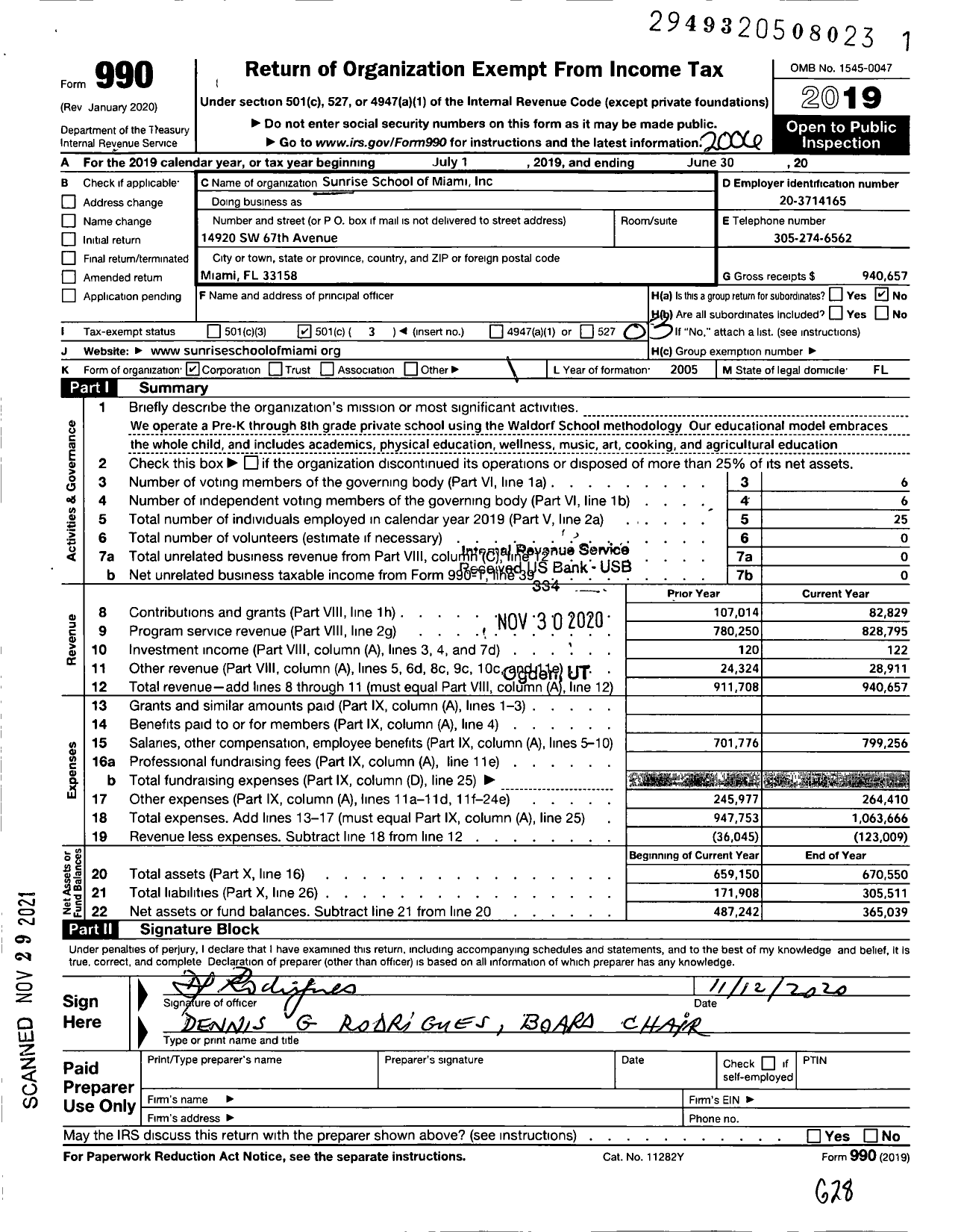 Image of first page of 2019 Form 990 for Sunrise School of Miami