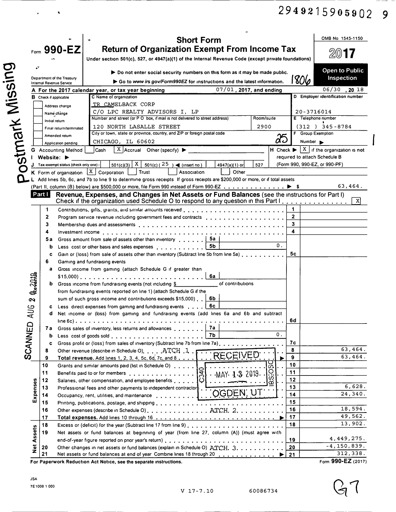 Image of first page of 2017 Form 990EO for TR CAMELBACK Corp