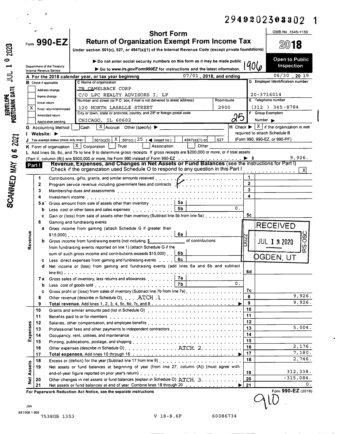 Image of first page of 2018 Form 990EO for TR CAMELBACK Corp