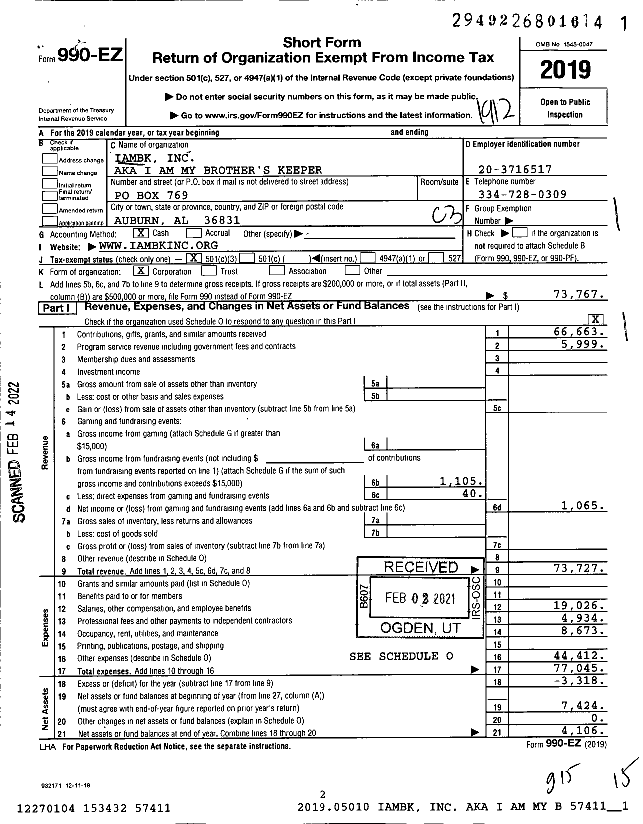 Image of first page of 2019 Form 990EZ for I Am My Brother's Keeper (IAMBK)