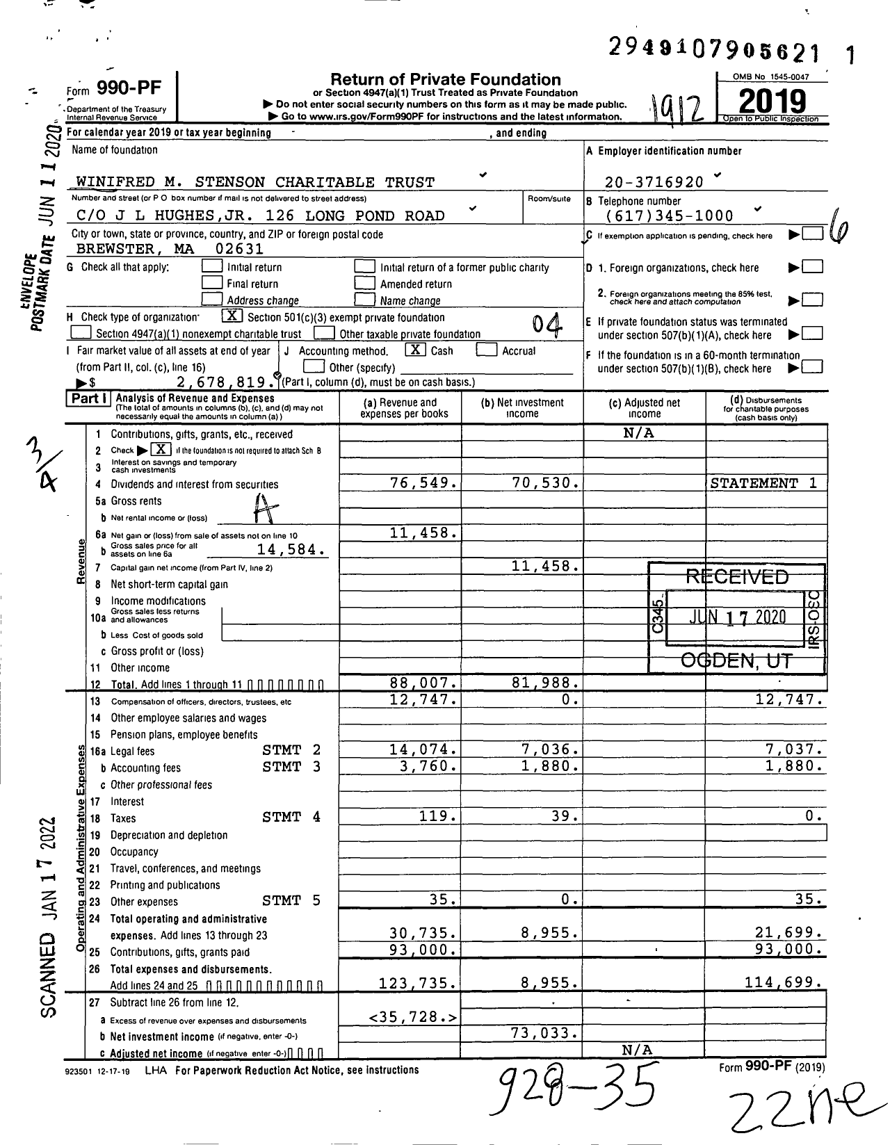 Image of first page of 2019 Form 990PF for Winifred M Stenson Charitable Trust