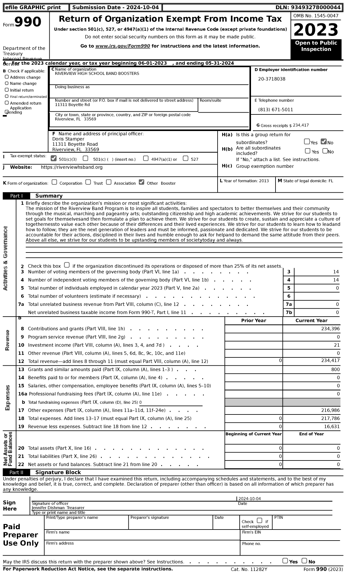 Image of first page of 2023 Form 990 for Riverview High School Band Boosters