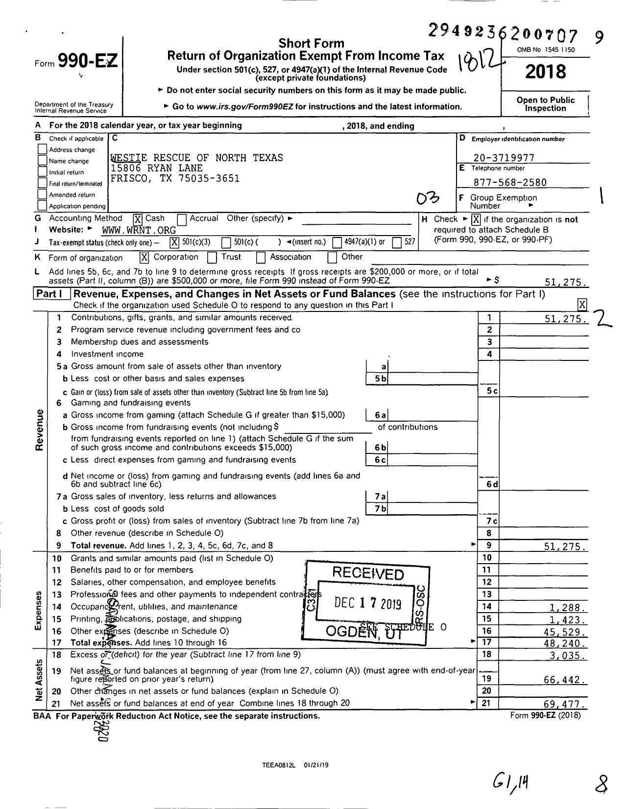 Image of first page of 2018 Form 990EZ for Westie Rescue of North Texas