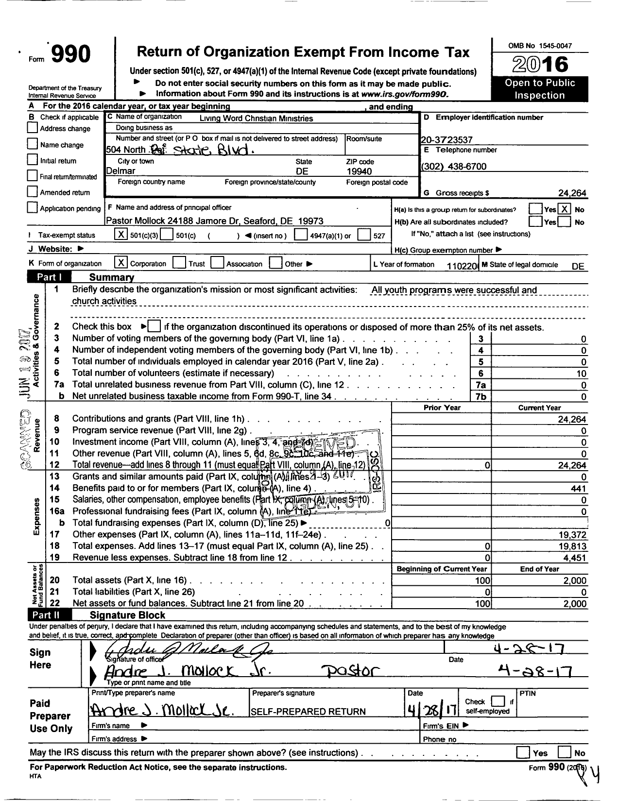 Image of first page of 2016 Form 990 for Living Word Christian Ministries